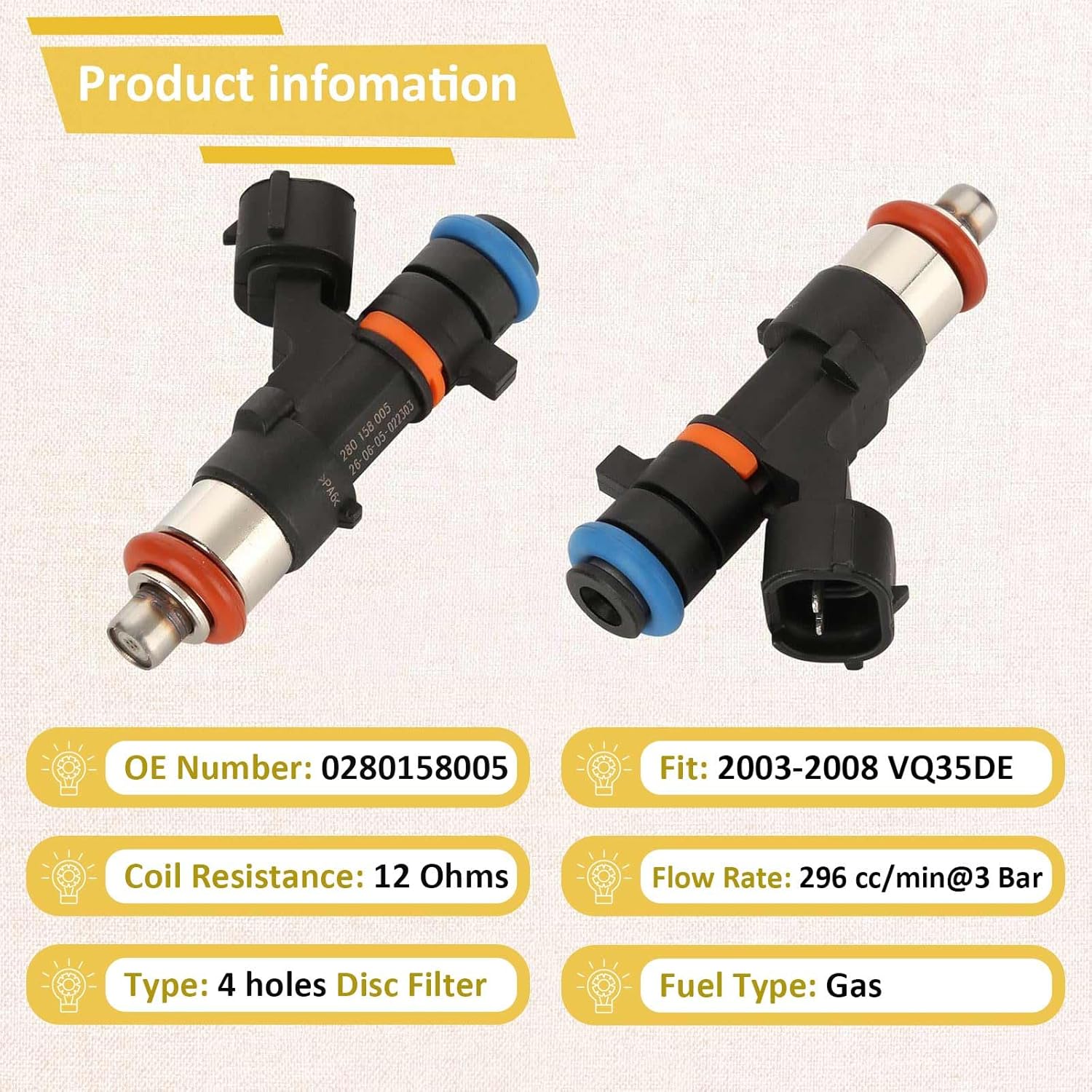 16600-7Y00A OE 3.5L Fuel Injectors,Compatible with/Nissan 3.5 Maxima Murano Altima 2004-2008,Compatible with/Infiniti G35 M35 FX35 |4 Holes| |Set of 6|
