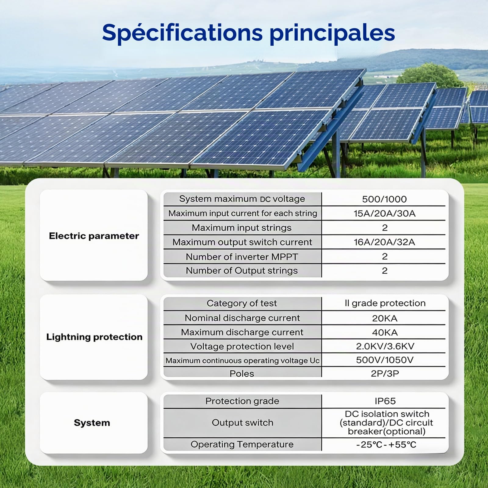 Boîtier de raccordement solaire, protection PV DC 32 A 500 V, interrupteur IP65, protection multicouche, gestion énergétique efficace