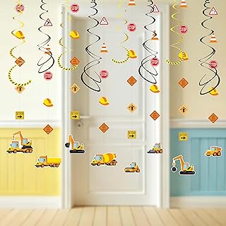 16Pcs Construction Theme Party Hanging Decorations – Swirl Set with Trucks, Traffic Cone & Safety Symbols | Party Supplies & Decorations, Party Favors for Construction Themed Celebrations