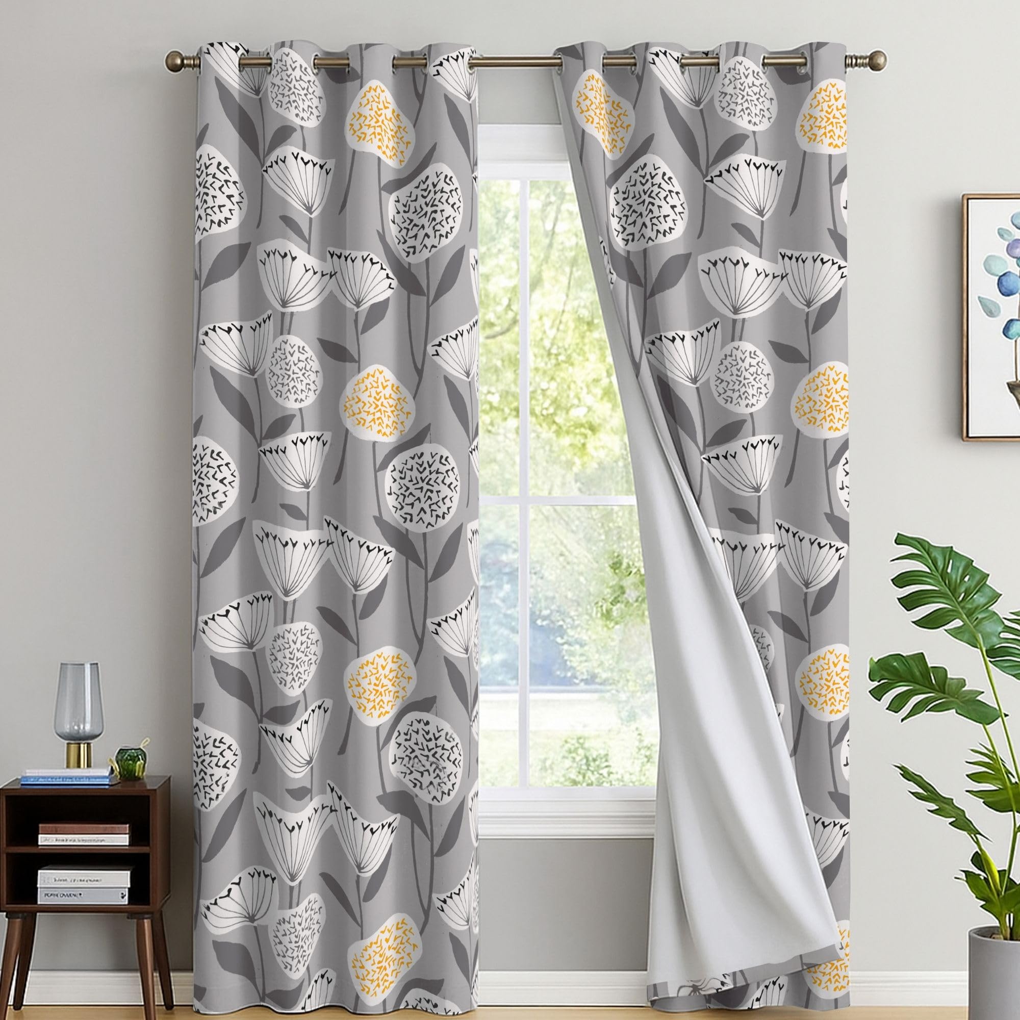 Eversoft Bedding Floral Grey Floral Blackout Curtains 2 Panels - 66" X 72" - Thermal Insulated & Soundproof Flower Print Eyelet Drapes For Medium Windows