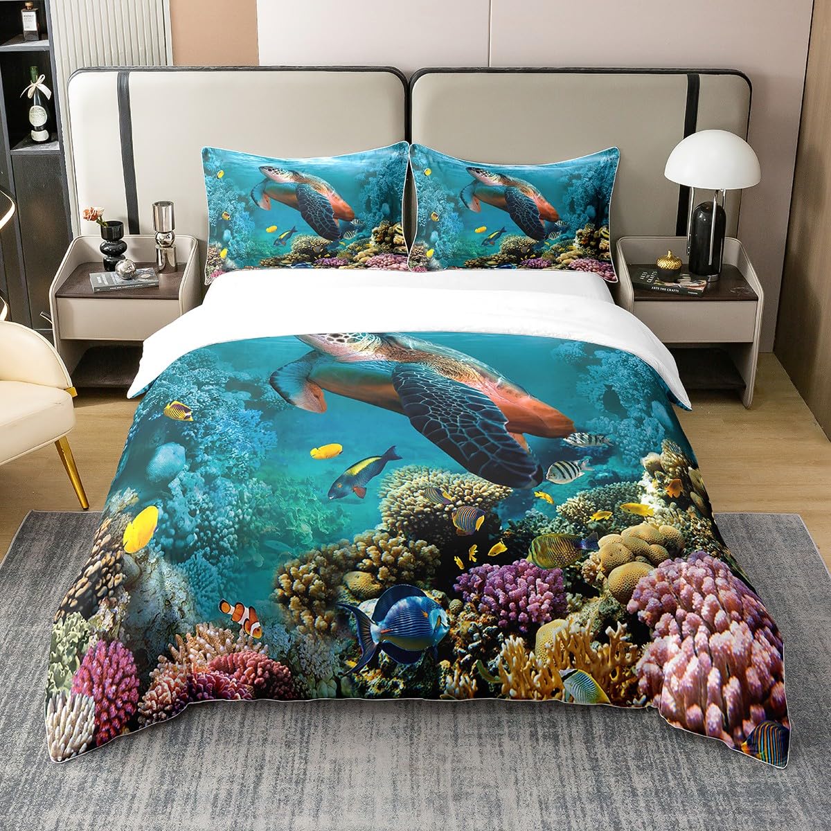 Loussiesd Sea Turtle 100% Cotton Duvet Cover King Size Ocean Bedding Cotton Duvet Cover Set Reptile Tortoise Bedding Set Coastal Comforter Cover Set Nautical Beach Blue Bedspread Cover