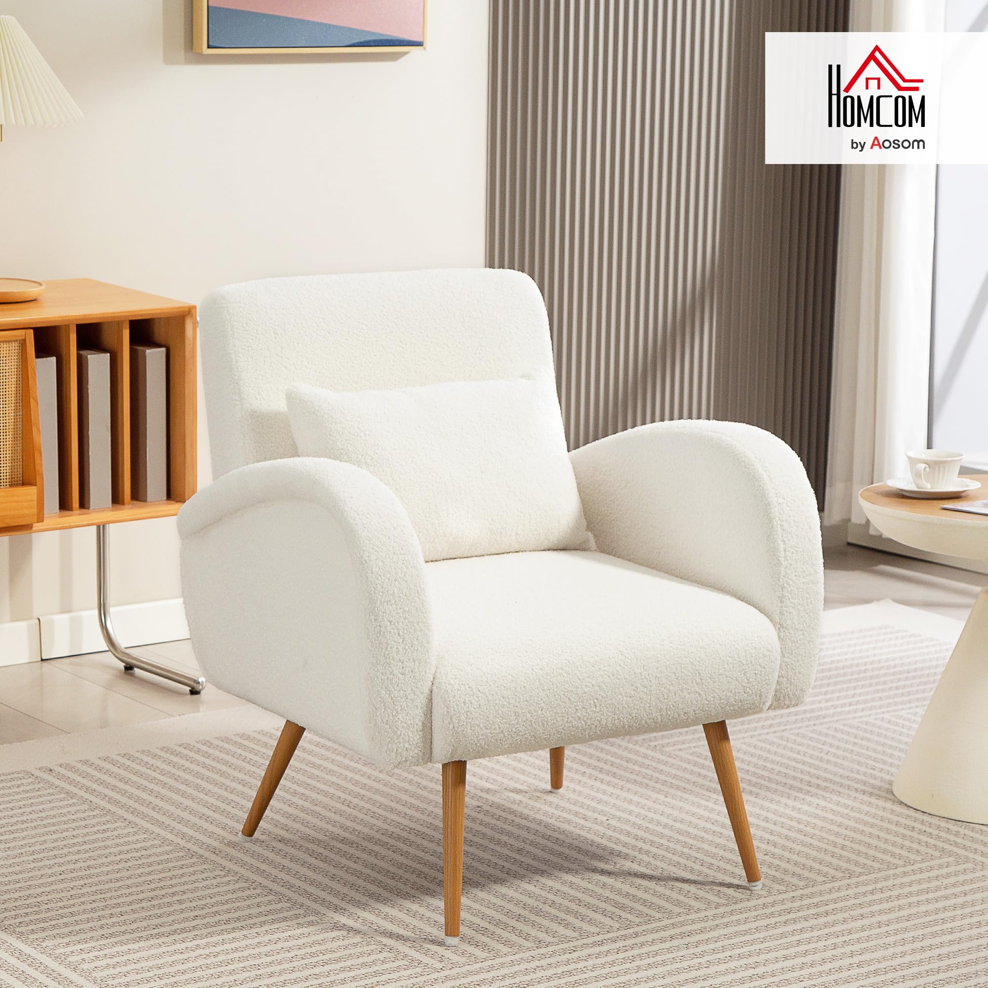 HOMCOM Sessel gepolsterter Loungesessel mit Armlehnen, Lendenkissen, Lesesessel Relaxsessel mit Metallbeine, Teddyfleece-Optik, Polstersessel für Schlafzimmer Wohnzimmer Cremeweiß