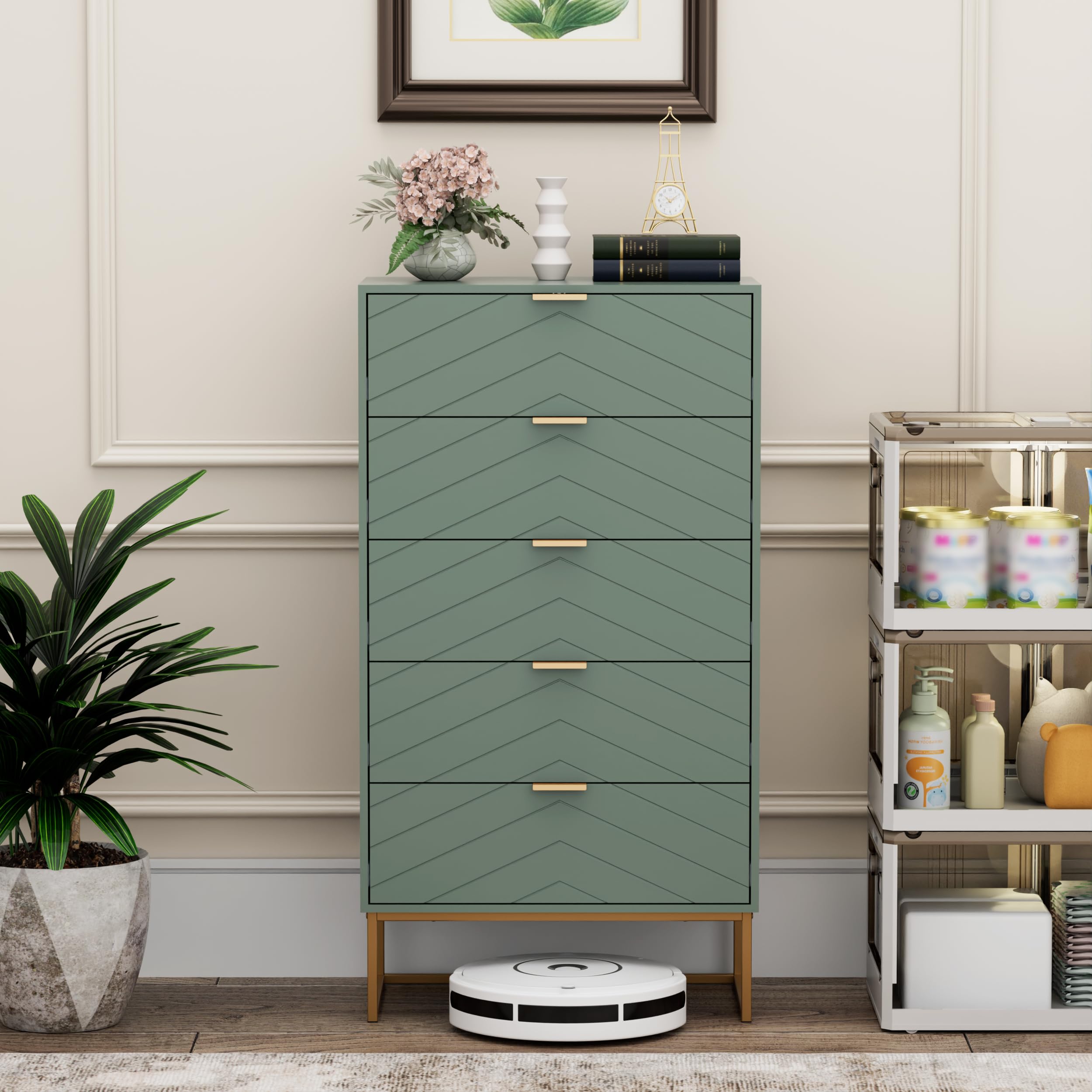 UEV Cassettiera Camera da Letto, Settimino con 5 Cassetti e Motivo di Linea, Mobiletto Moderno e Pratico, Sicuro Design Antiribaltamento, 60x34x110cm, Verde