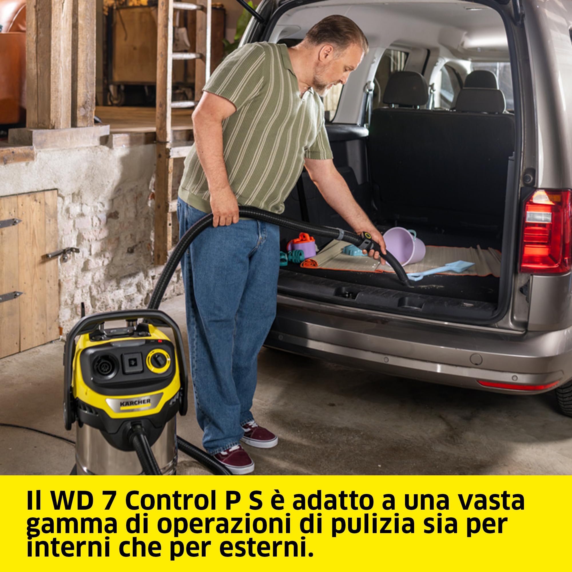 KÄRCHER aspiratore solidi liquidi WD 7 Control P S 30/6/35/T, sistema intelligente di controllo filtro, telecomando, presa integrata, funzione soffiaggio, 1400 W, serbatoio in acciaio inox: 30 l