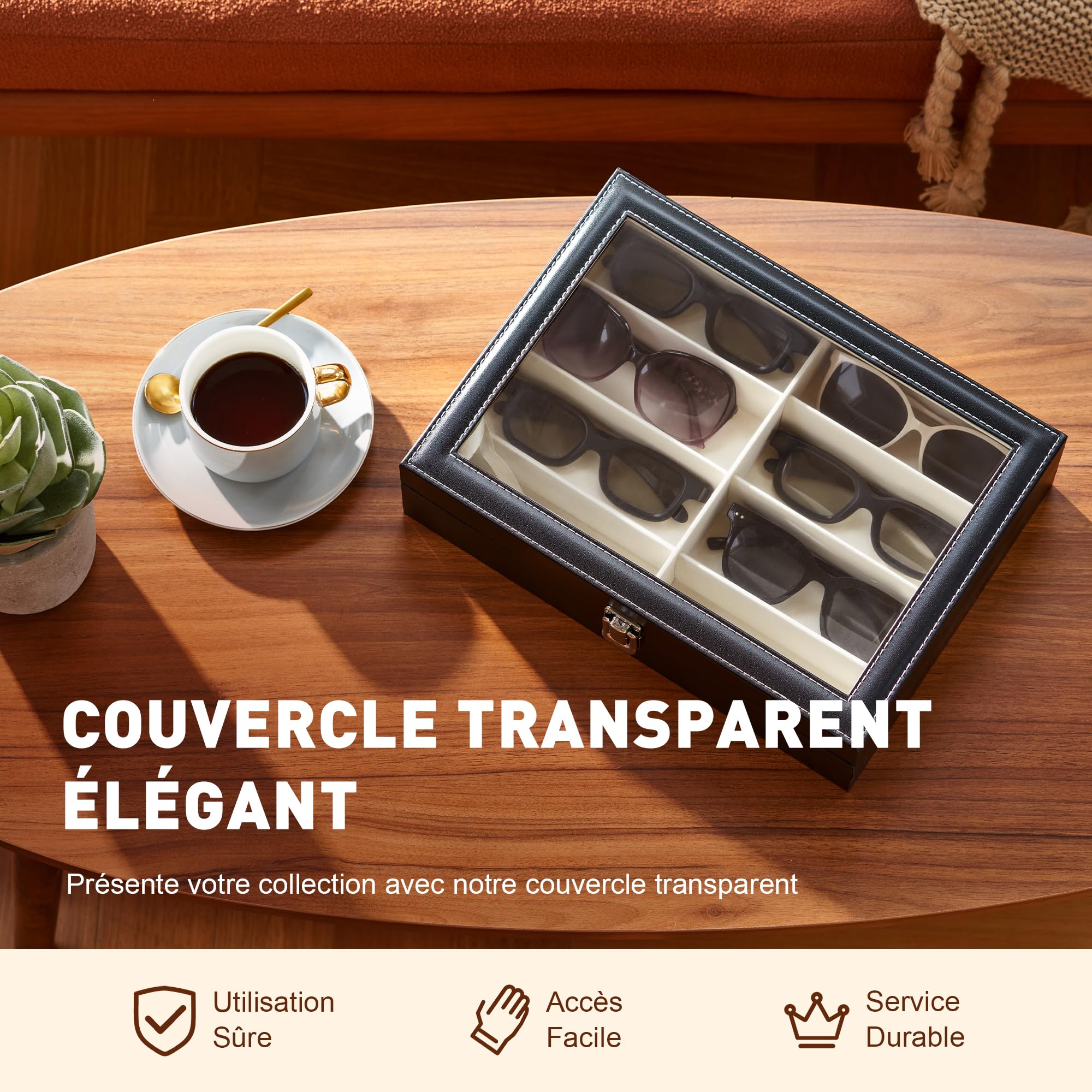 CO-Z Boîtier des Lunettes en PU Cuir, Organisateur de Lunettes de Soleil, Présentoir Lunettes de Rangement de 8/12 Compartiments