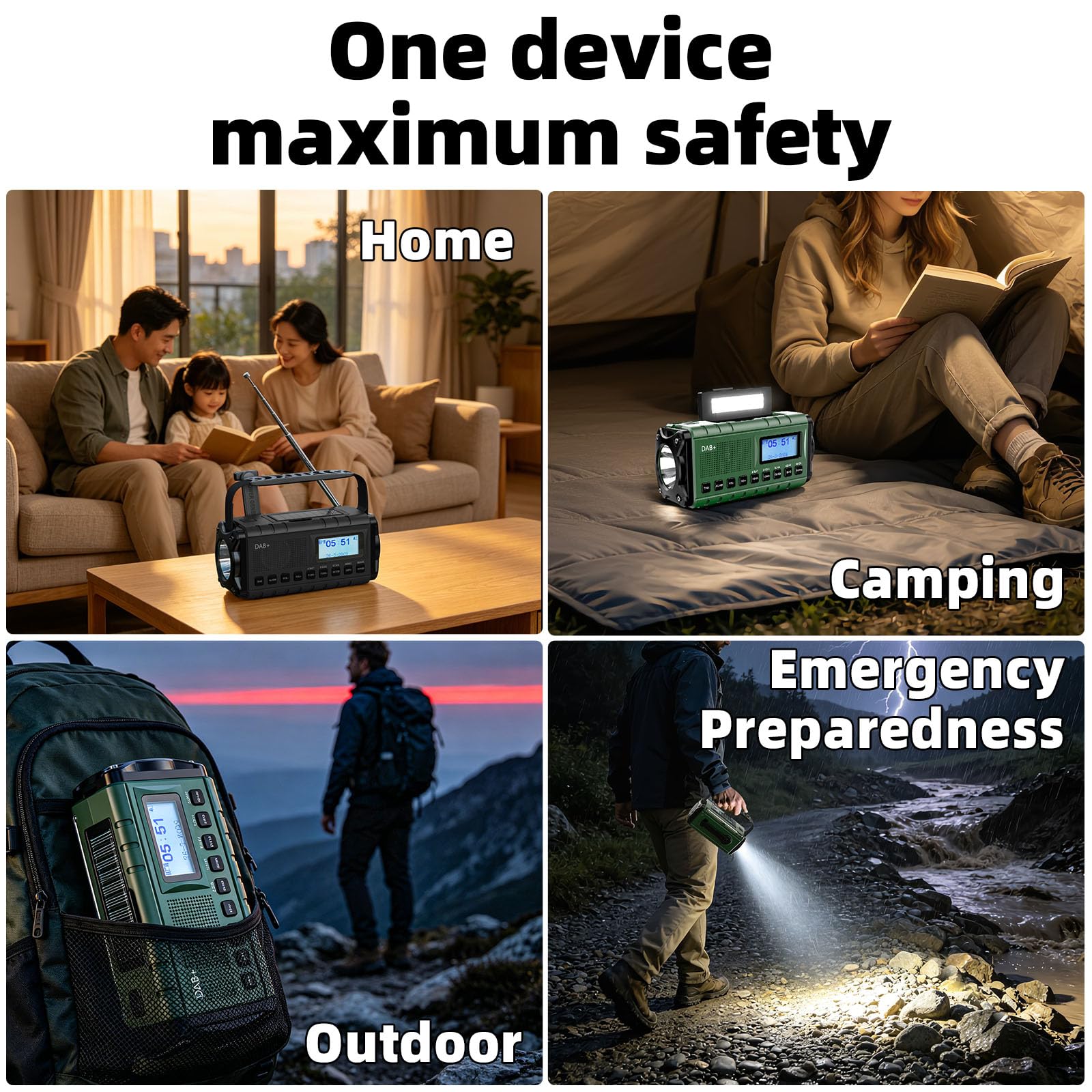 SOLARBABY Dab+/FM Radio Solaire d’Urgence, Radio à Manivelle avec 20000mAh Power Bank, Radio Solaire Dynamo avec Lampe Torche Lampe de Lecture Alarme SOS USB pour Randonnée Camping Extérieur, Noir