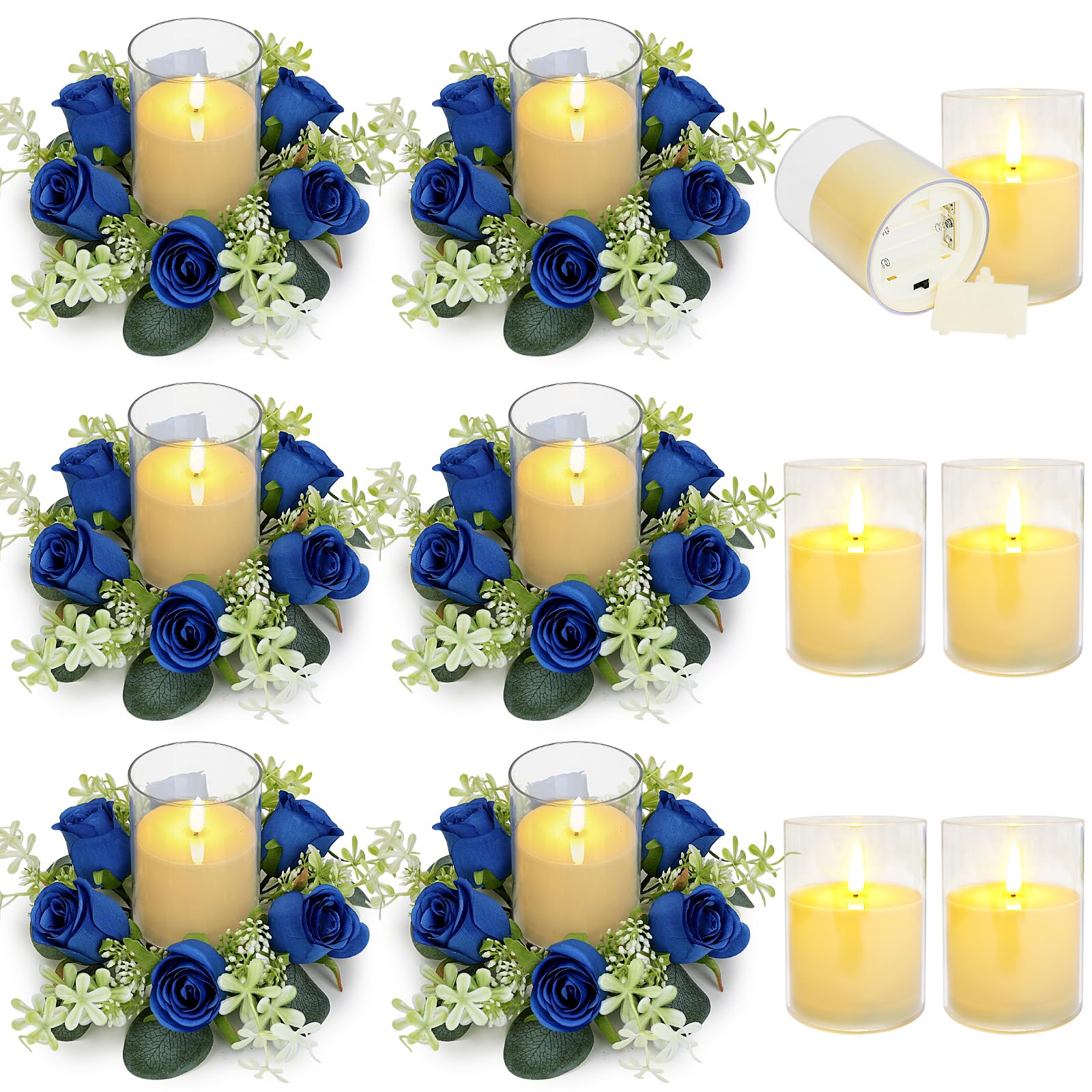Photo 1 of Tobilu 6 Sets Artificial Roses Candle Rings - Roses Floral Rings Wreaths with LED Candles Eucalyptus for Centerpieces Table Cabinets Front Doors Wedding Home Party Decor - Royal Blue