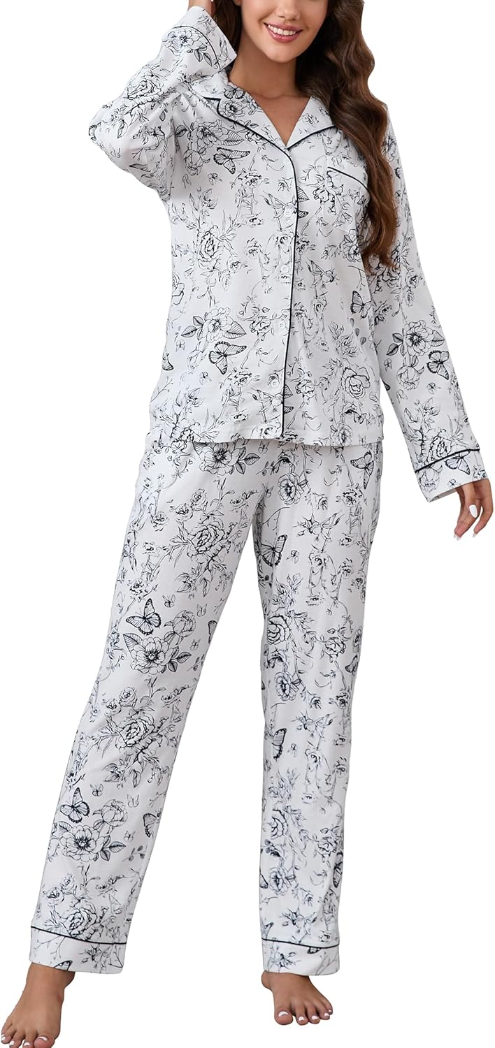 LUBOT 100% Cotton Pajamas for Women PJ Set Soft Button-Down 2 Piece Set Knitted Long Sleeve Sleepwear Loungewear XS-XXL