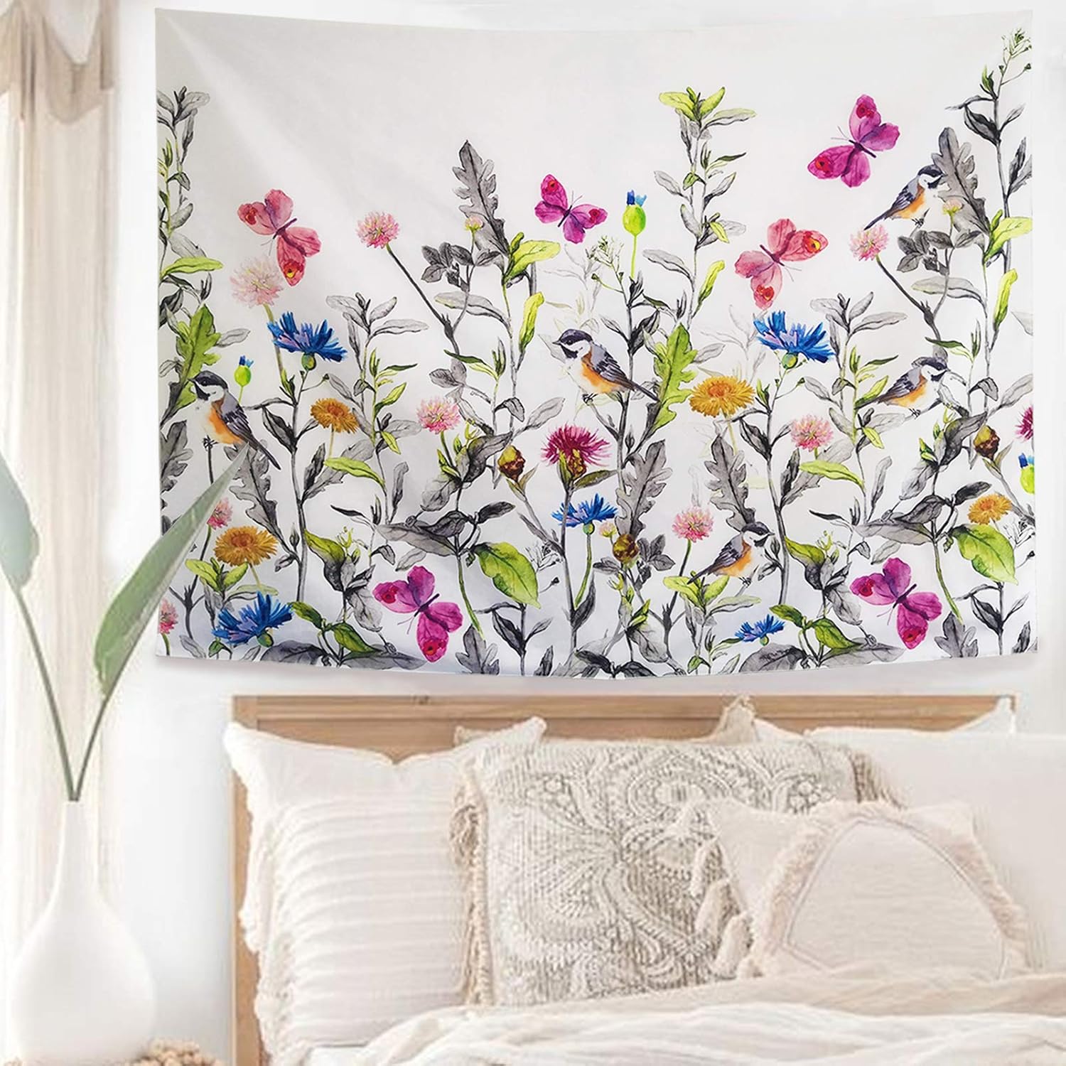 FairDew Floral Tapestry Wall Hanging Nature for Bedroom Living Room Décor Plants Wild Flowers Butterfly Scenery Tapestry Wall Art Blanket Decorations for Girls College Dorm