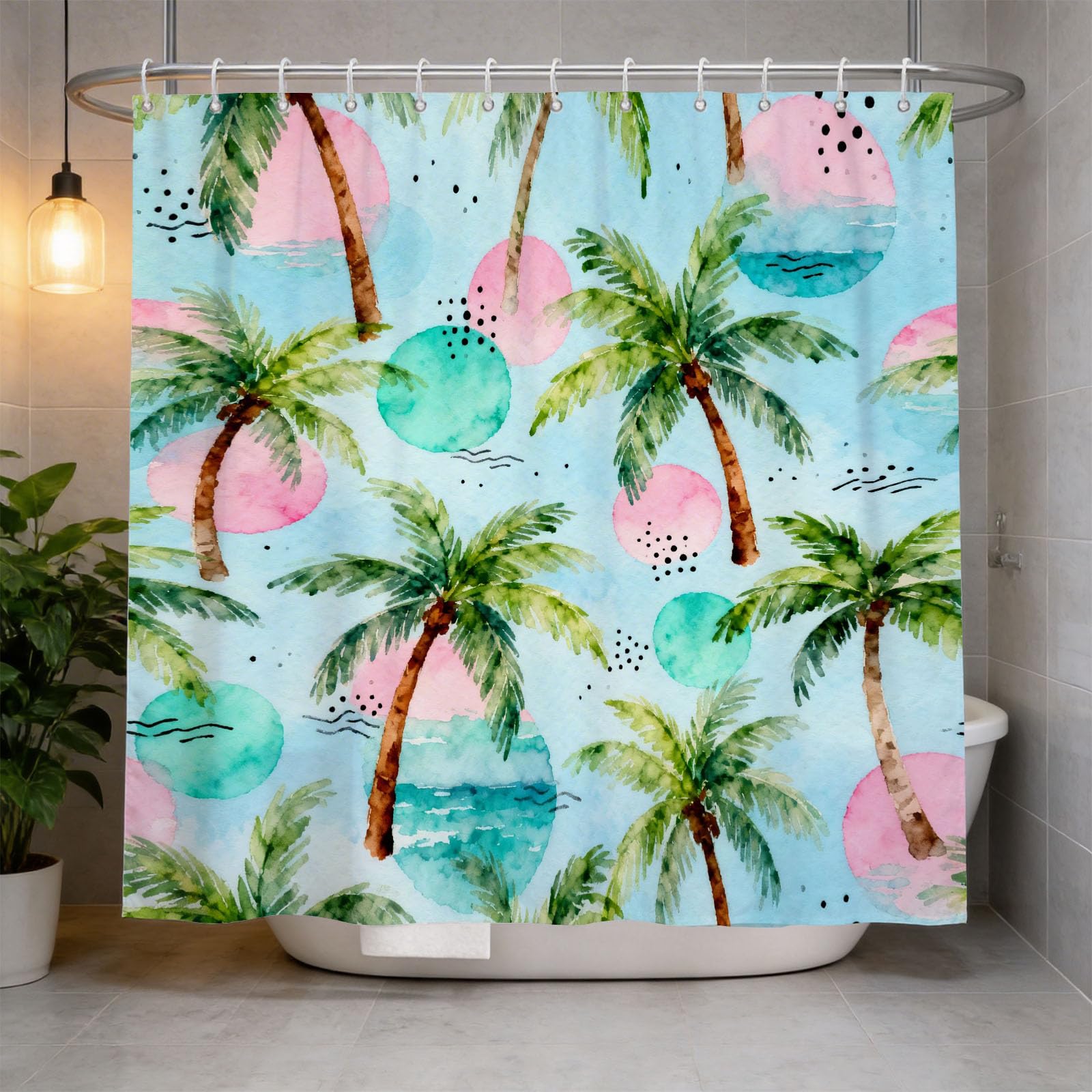 Hongduo 3D Cartoon Palm Tree Shower Curtain for Stalls Bathtubs Hawaii Vacation Bathroom Decor Shower Curtain Set Polyester Fabric Waterproof 180x180cm/71X71 Inch with Hooks