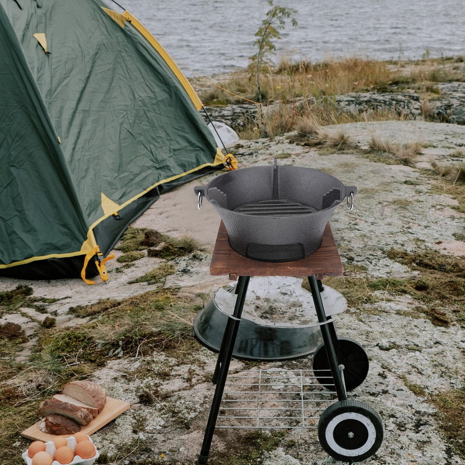 Duży 26 cm żeliwny grill na węgiel drzewny – piec do gotowania na zewnątrz z drewnianą tacą na kemping i piknik, wszechstronne artykuły do grillowania w domu, losowe opcje kolorystyczne