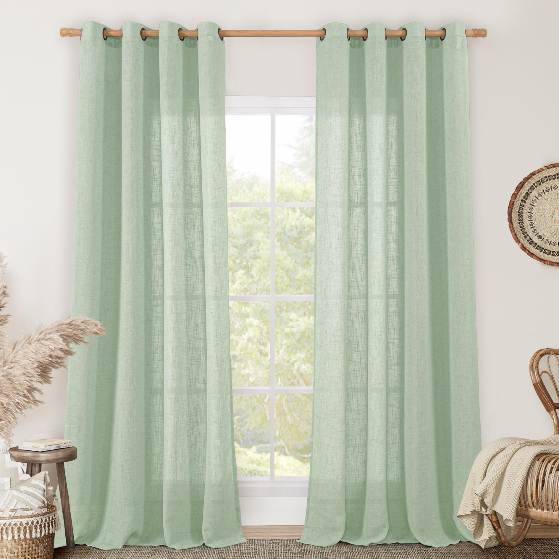 LAMIT Linen Curtains 90 Inch Length for Living Room 2 Panels, Fresh Green Bronze Grommet Light Filtering Semi Sheer Linen Window Drapes Farmhouse Boho Decor Curtains for Bedroom, 52 x 90 Inch — image 1