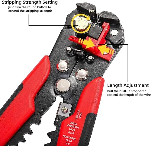Miniatura 6 de Cortador de alambre autoajustable 5 en 1, herramienta multifuncional para prensado de cables, engarzado, corte, 10-24 AWG, 0.2-6.0 mm², (rojo)