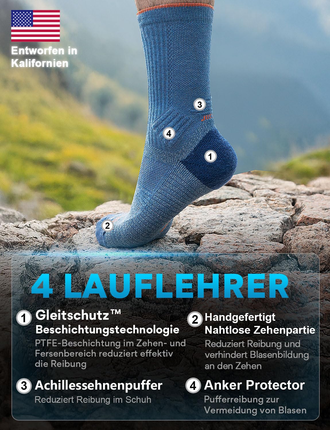 Juclise Wandersocken aus Merinowolle, nahtlos, Kompression, Feuchtigkeitstransport, Anti-Blasen, gepolstert, für Herren