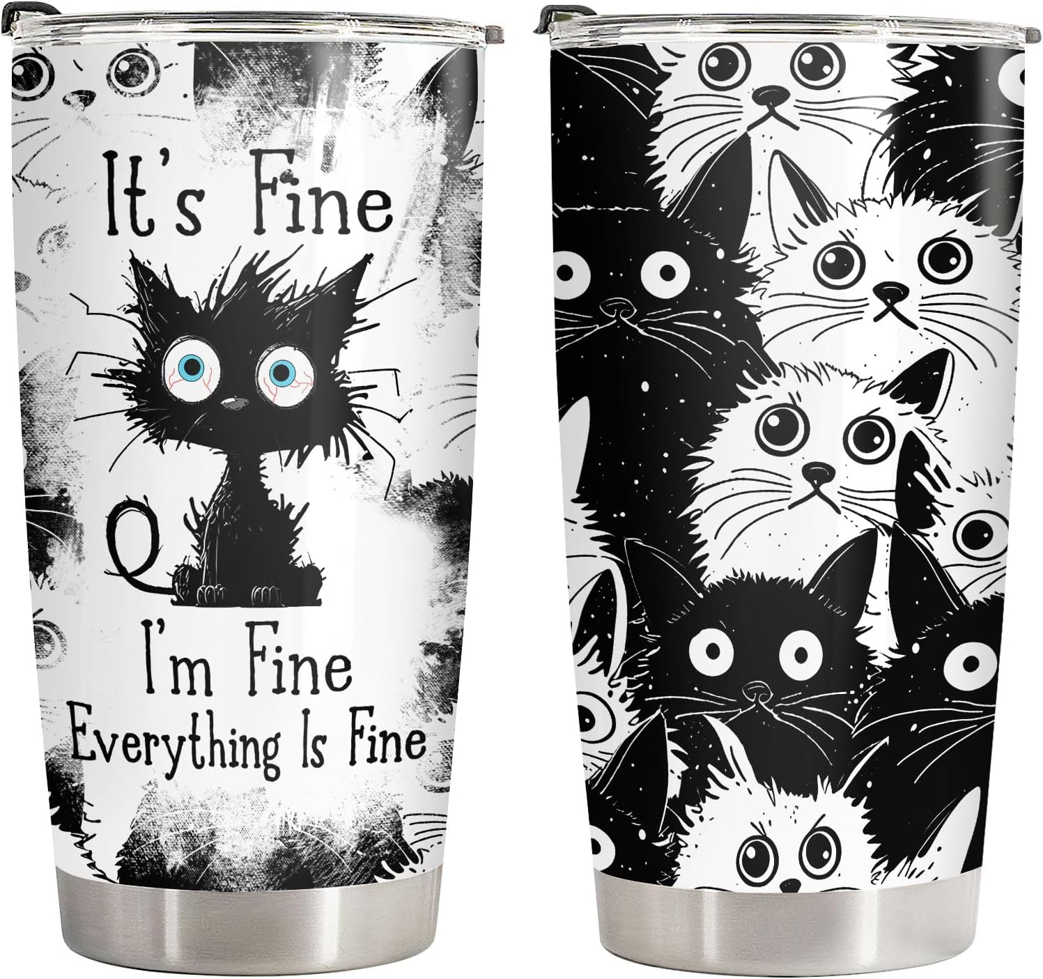 34HD Funny Black Cat Tumbler with Lid, 20oz Stainless Steel Vacuum Insulated Everything Is Fine Cup, Cat Lover Gifts for Women Birthday Mothers Day Halloween Christmas