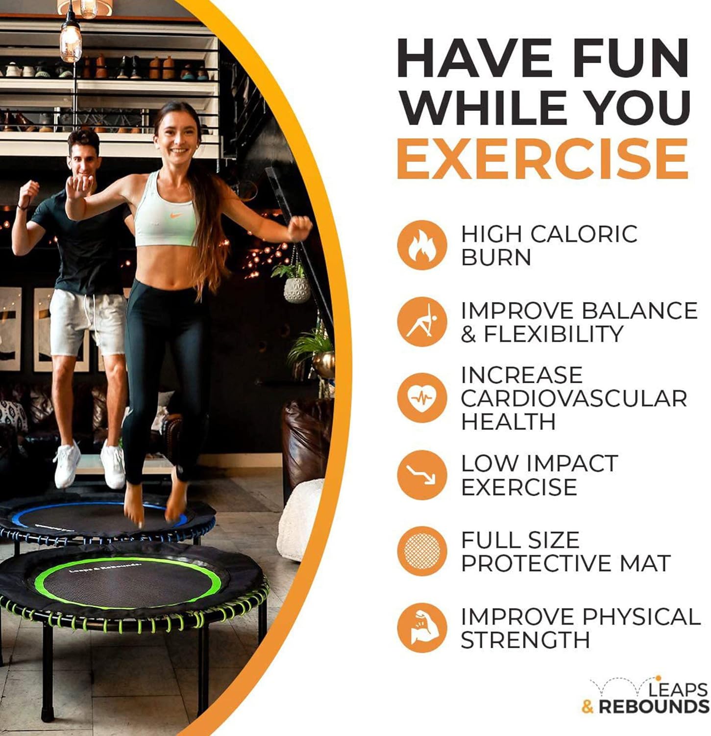 Leaps and Rebounds Fitness Trampoline, 40-inch or 48-inch |Adults and Kids Rebounder for Indoor and Outdoor, Up to 270 lbs | Lifetime Warranty | Low Impact Cardio and Easy Home Workout