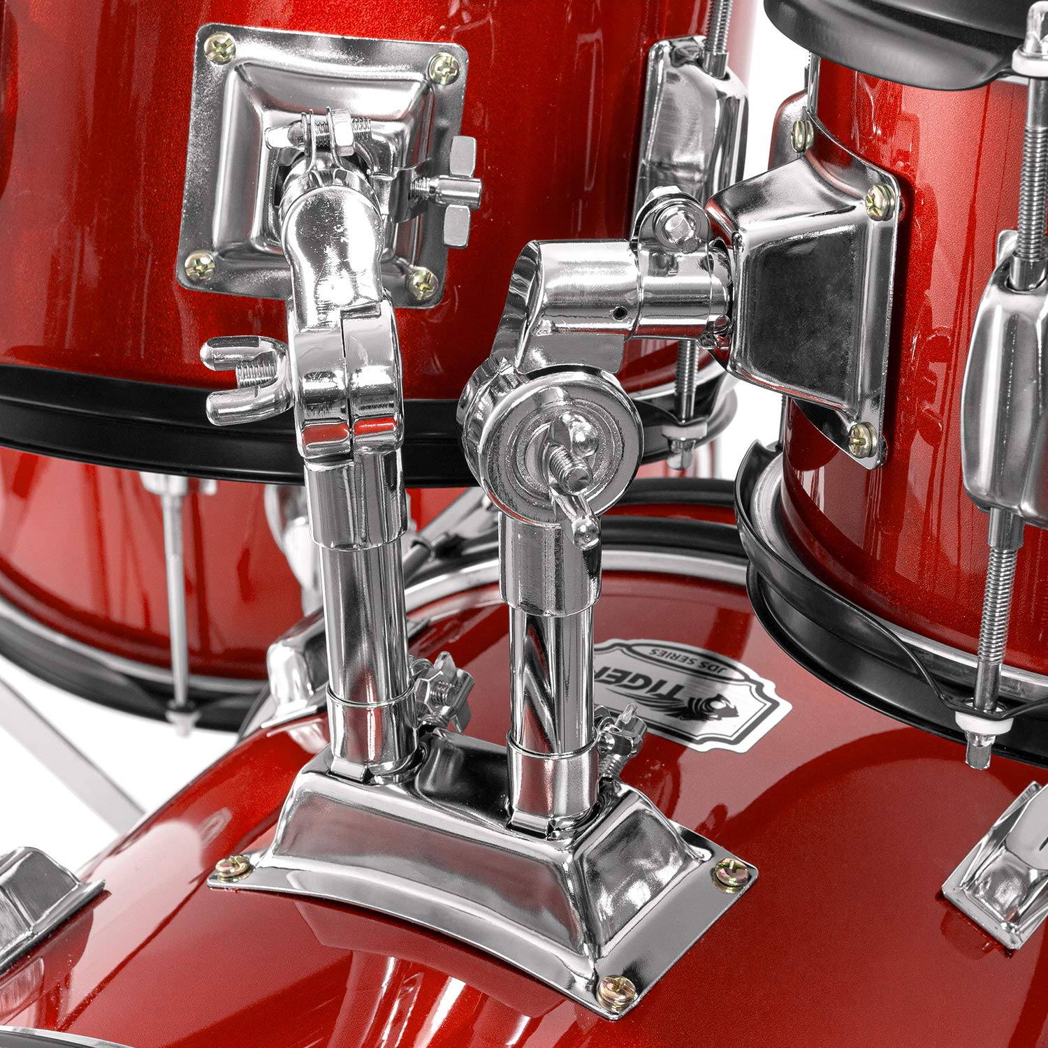 TIGER JDS14-RD - Batteria per ragazzi 5 pezzi, con rullante, tom, basso, pedale, Hi-Hat, piatti crash, bacchette e sgabello - colore rosso
