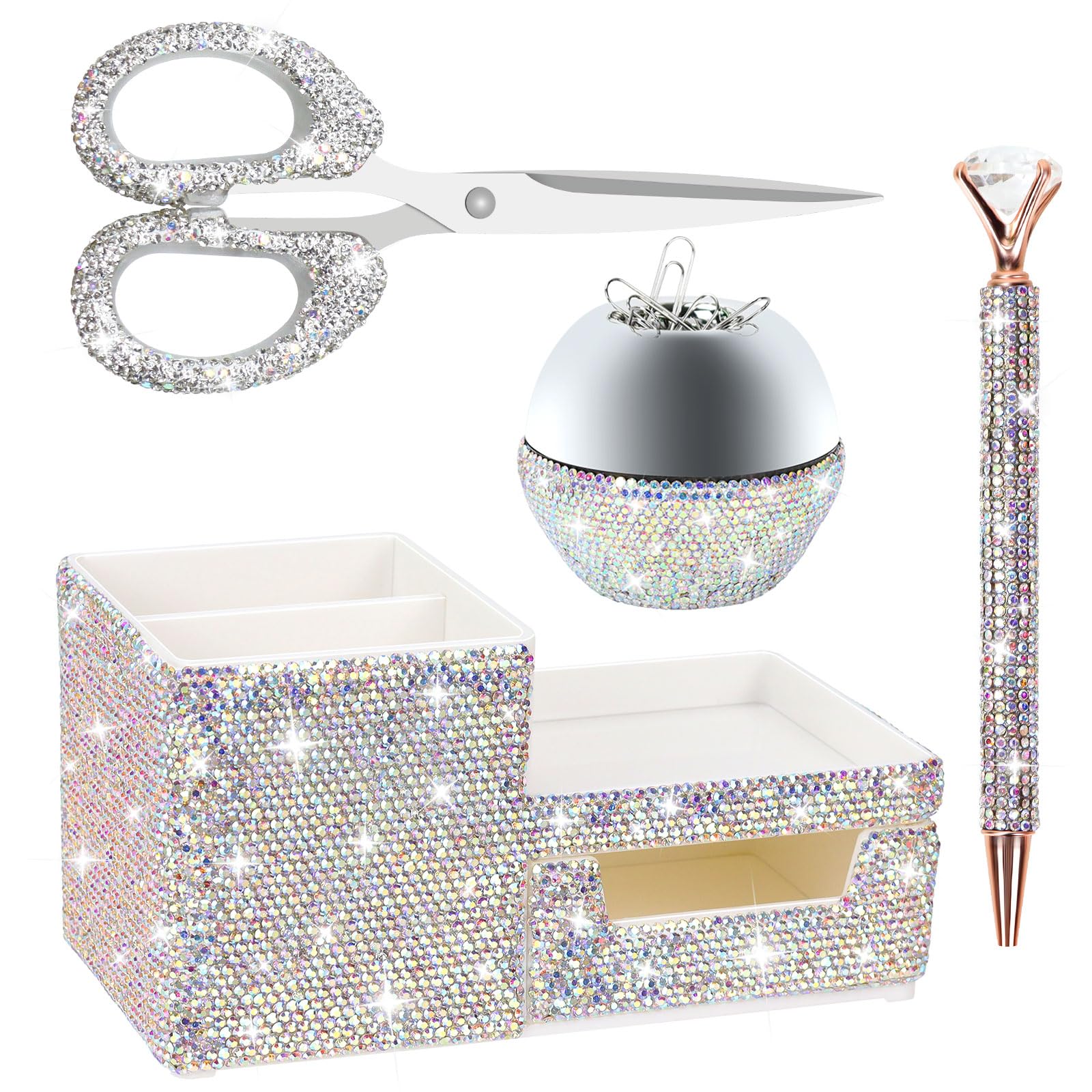 MultiBey Bling Silver Rhinestone Desk Accessories Set, 4 Pcs
