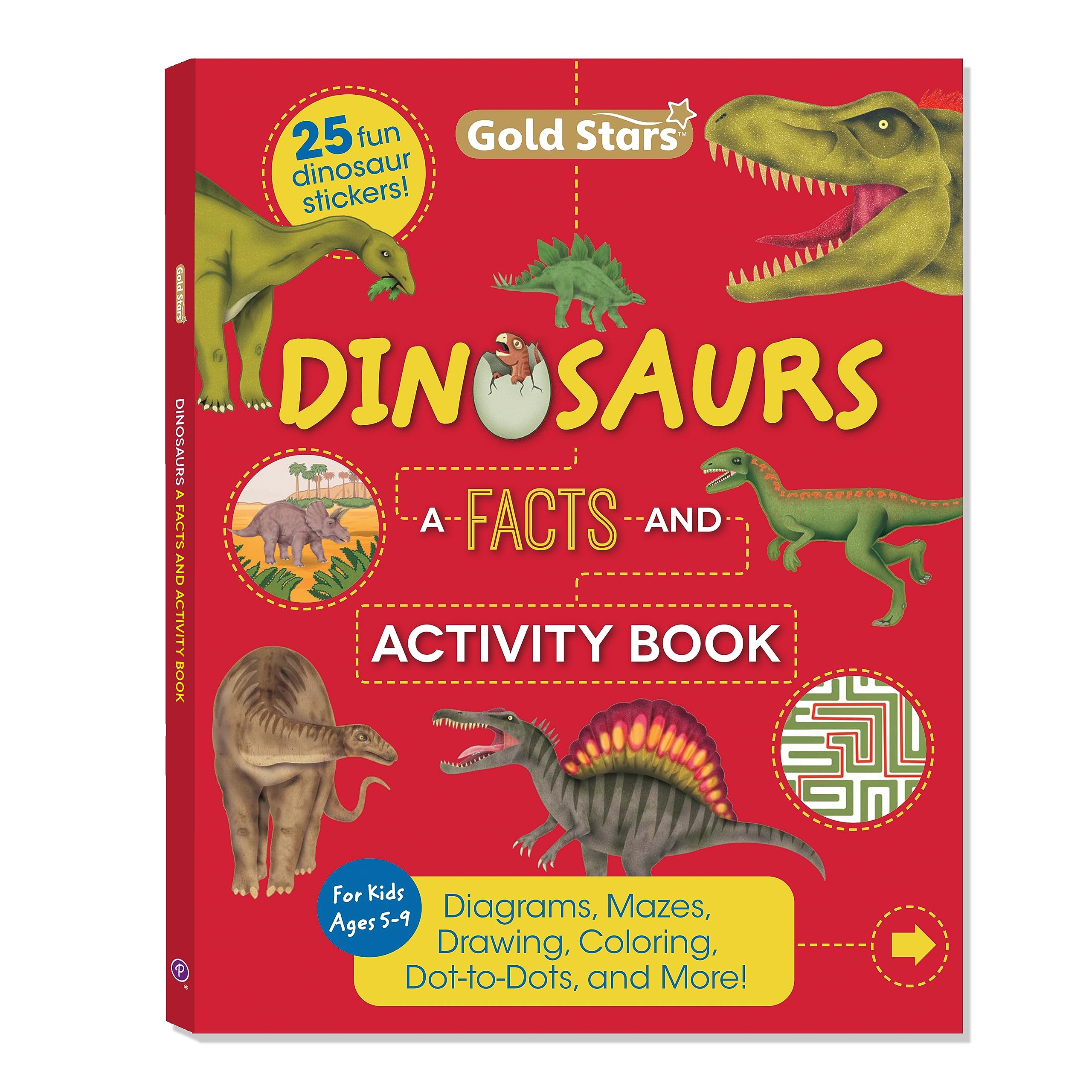 Libro de actividades y datos de dinosaurios con calcomanías para niños de 5 a 9 años, incluye diagramas, laberintos, colorear, punto a puntos, calcomanías y más