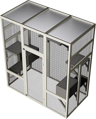 Miniatura 9 de Recinto grande para gatos Catio de 70 pulgadas, patio de madera para gatos con techo impermeable resistente a los rayos UV, refugio para gatos con 5
