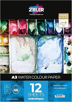 Zieler A3 11.7" x 16.5" Watercolour Paper Pad, 300gsm, 12 Sheets