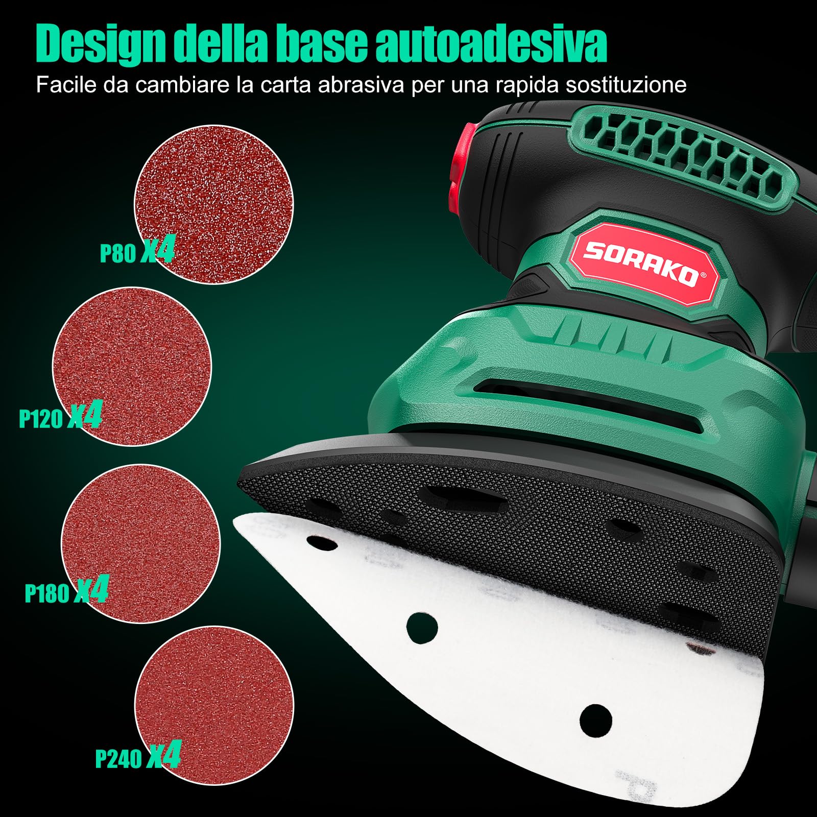 SORAKO Levigatrice Per Legno, 220W 14000 OPM Levigatrice Mouse Con Sacchetto Raccoglipolvere E 16 Fogli Di Carta Abrasiva, Ideale Per Levigare Superfici In Legno E Acciaio In Spazi Ristretti