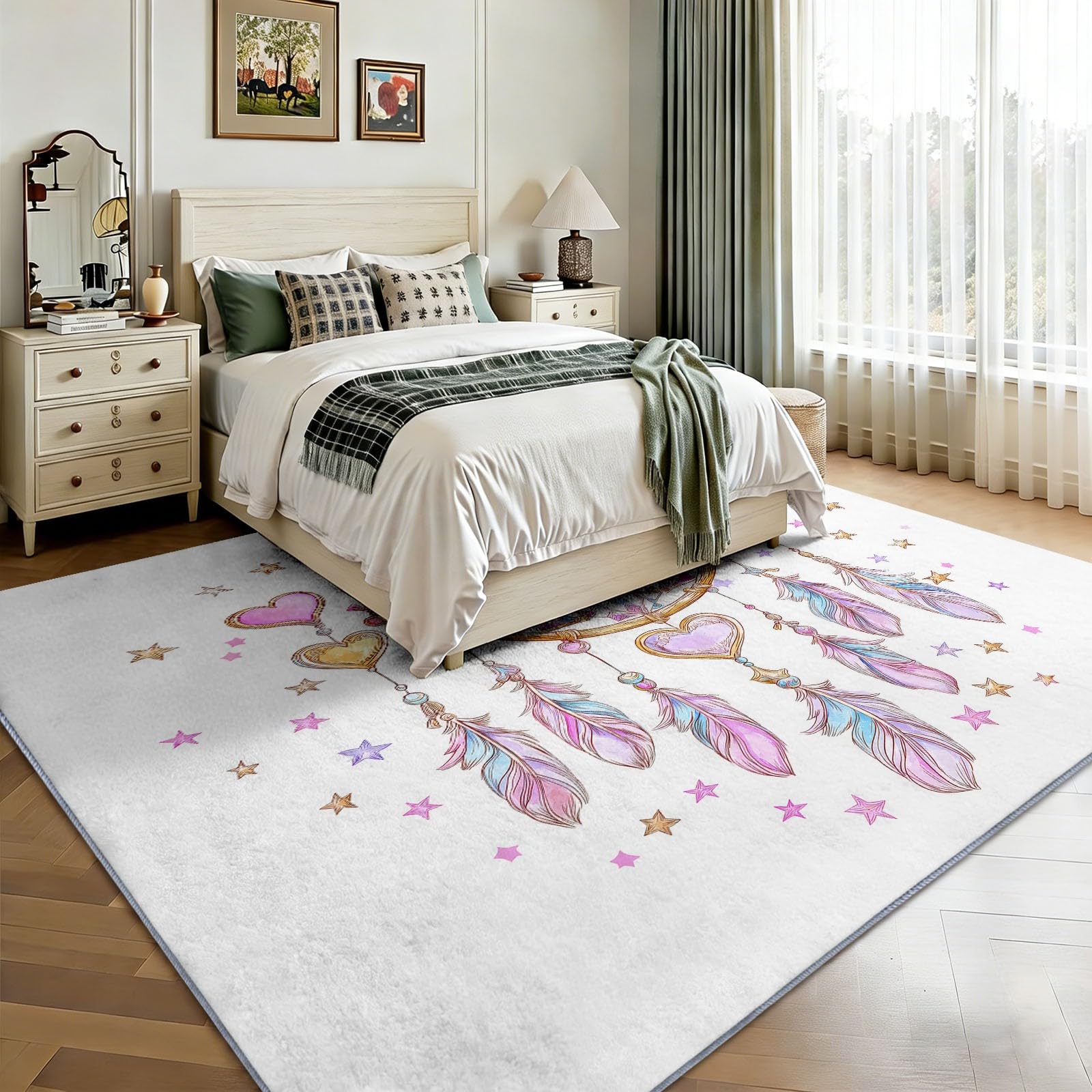 Teppich Waschbar 140 x 200 cm Aquarell-Traumfänger Kinderzimmer Teppich, Böhmisch rutschfest Kurzflor Pflegeleicht Teppiche Für Wohnzimmer Schlafzimmer Flur Küche