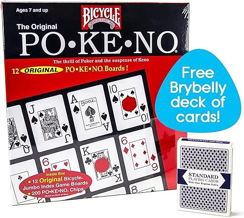 Bicycle Po-Ke-No Pokeno - Juego de cartas 12 cartas de jugador tablero de juego fichas 200 Po-Ke-No 2 barajas de bicicleta de cartas de juego rojo