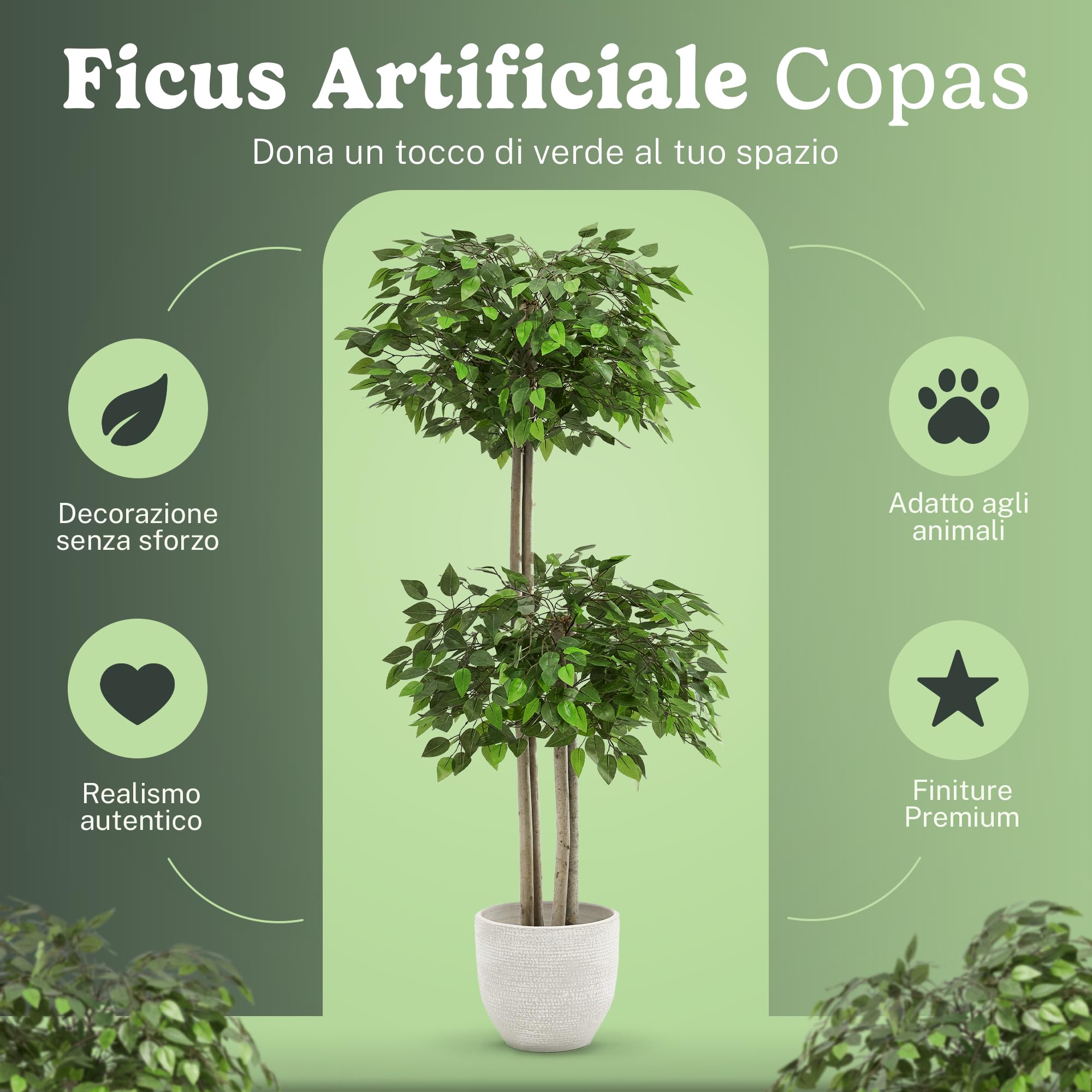 Piante Finte da Interno - Ficus Artificiale, 150 x 60 cm con 2 Chiome di Foglie, Albero Artificiale con Vaso in Plastica, Decorazioni Casa