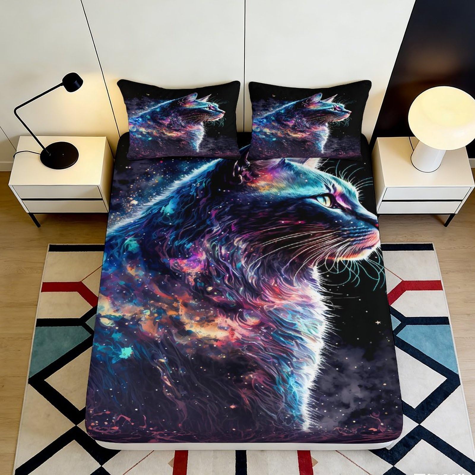 3D Printed Galaxy Cat Fitted Sheet Microfiber Soft Breathable Cosmic Nebula Bed Cover for Bedroom Dorm Decoration 90x200x25cm