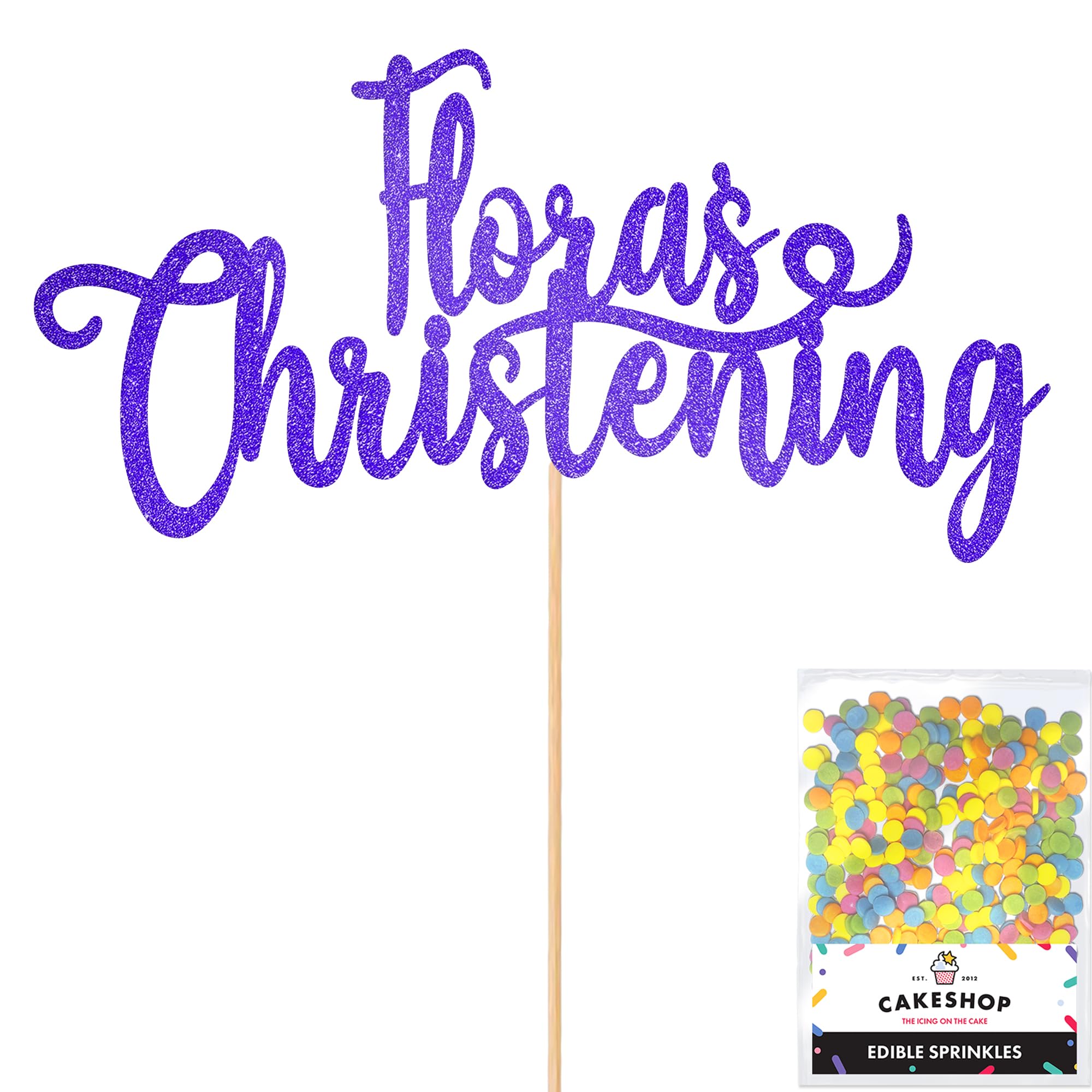 Cakeshop Personalised Christening Glitter Cake Topper With Sprinkles - Bright Blue Custom Colour - Any Name - Double-Sided Glitter Card Cake Decoration - Custom Toppers for Cakes