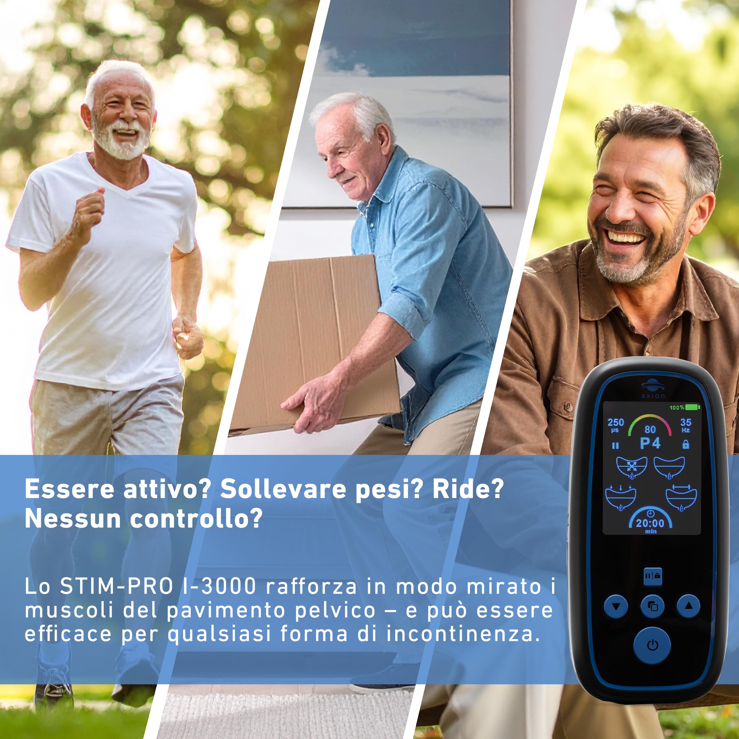 Stimolatore del pavimento pelvico axion® I-3000 per uomini | Dispositivo EMS con sonda per incontinenza e controllo della vescica | 4 programmi, 80 intensità, USB-C – Medico certificato