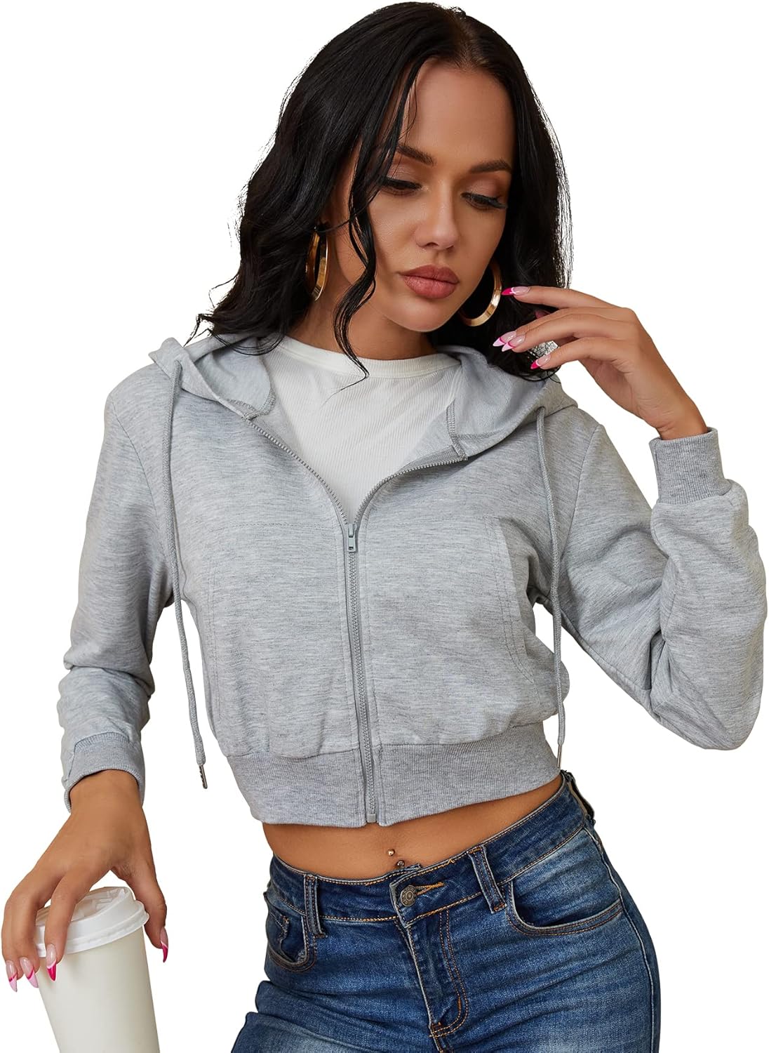 Women's Zip Up Hoodies Cropped Cardigan Jacket Drawstring