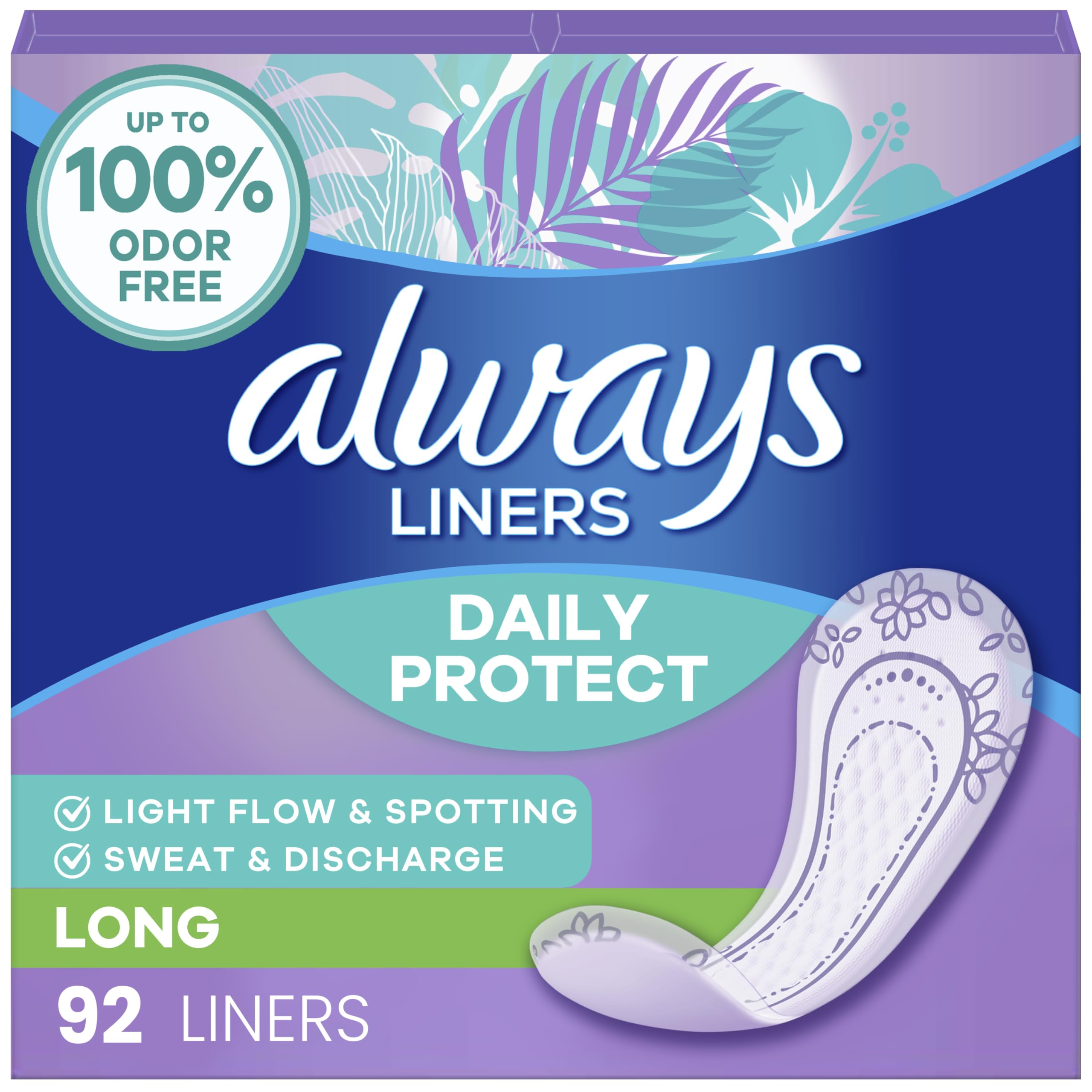 Always Daily Protect Liners, Long Length, Unscented Panty Liners, 92 Count