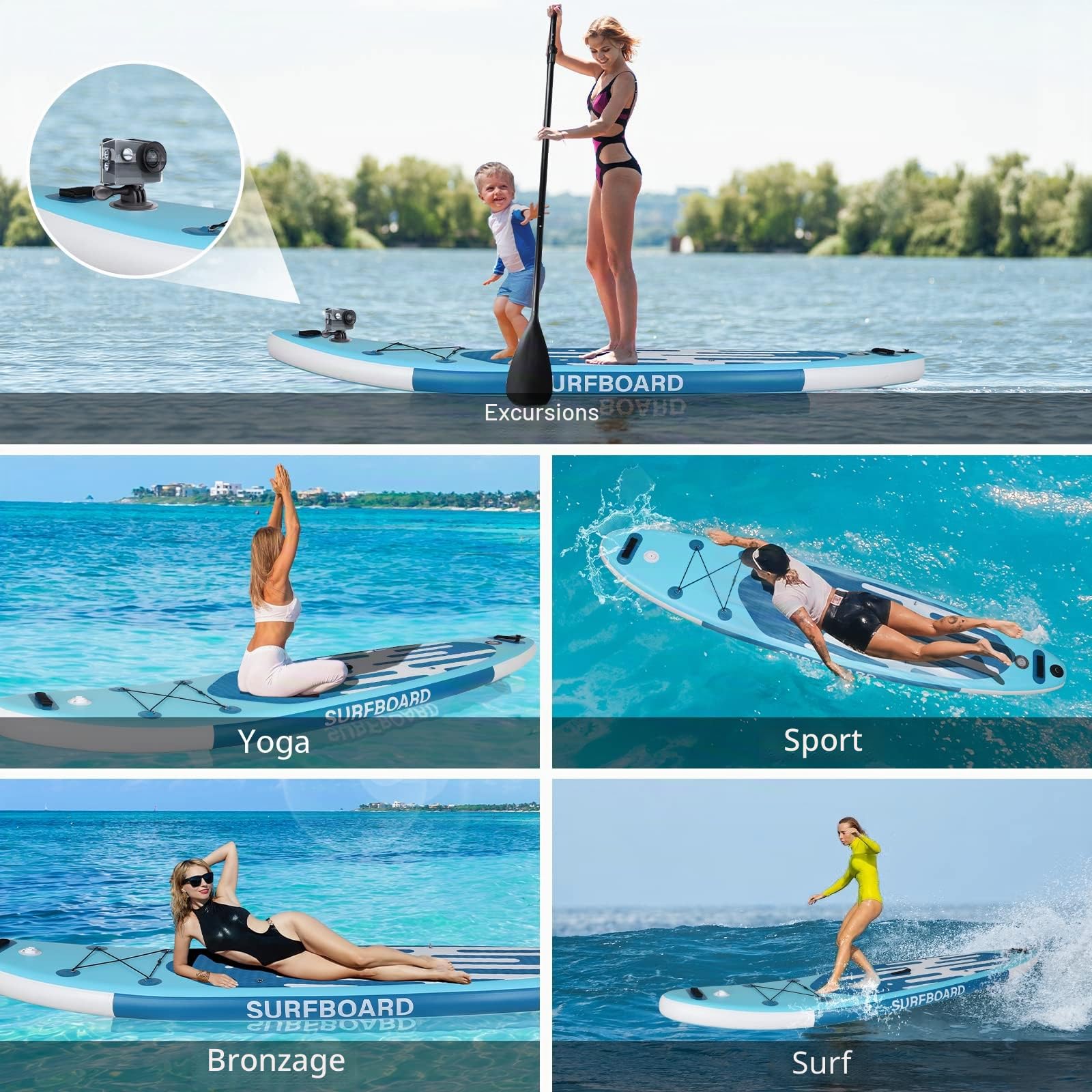 YU YUSING Pack Complet – Paddle Gonflable Adulte 335cm, Planche Stand up Paddle Gonflable 2 Personnes, Sac à Dos, Siège Kayak, Pagaie Aluminium, Support Caméra, Pompe, Tous Niveaux, jusqu'à 150 kg