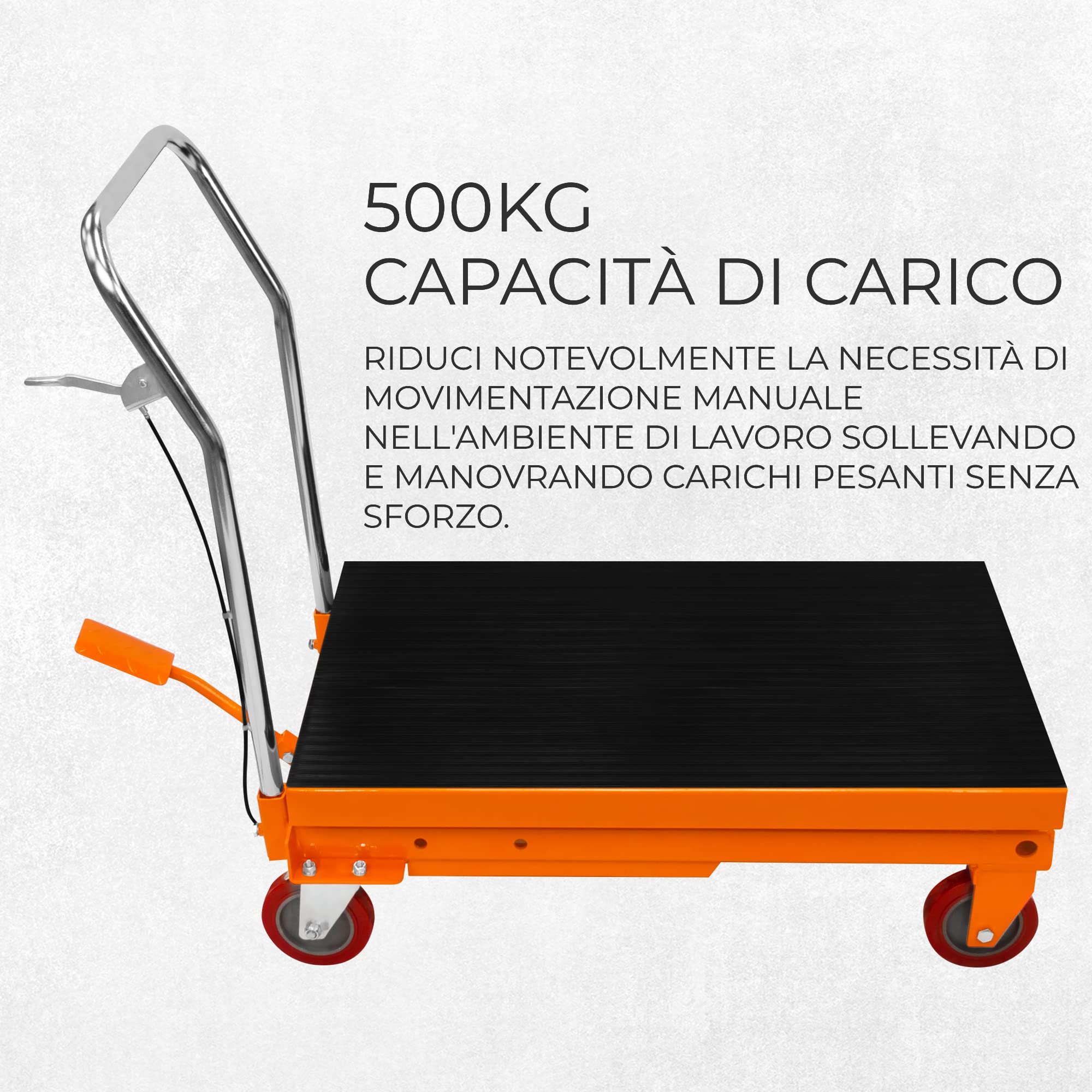 Pedana Idraulica 500KG 1100LBS Carrello mobile Carrello multi altezza Posizione di blocco pedale manuale Tappetino in gomma antiscivolo rimovibile 4 ruote 2 bloccaggio 81cm x 51cm