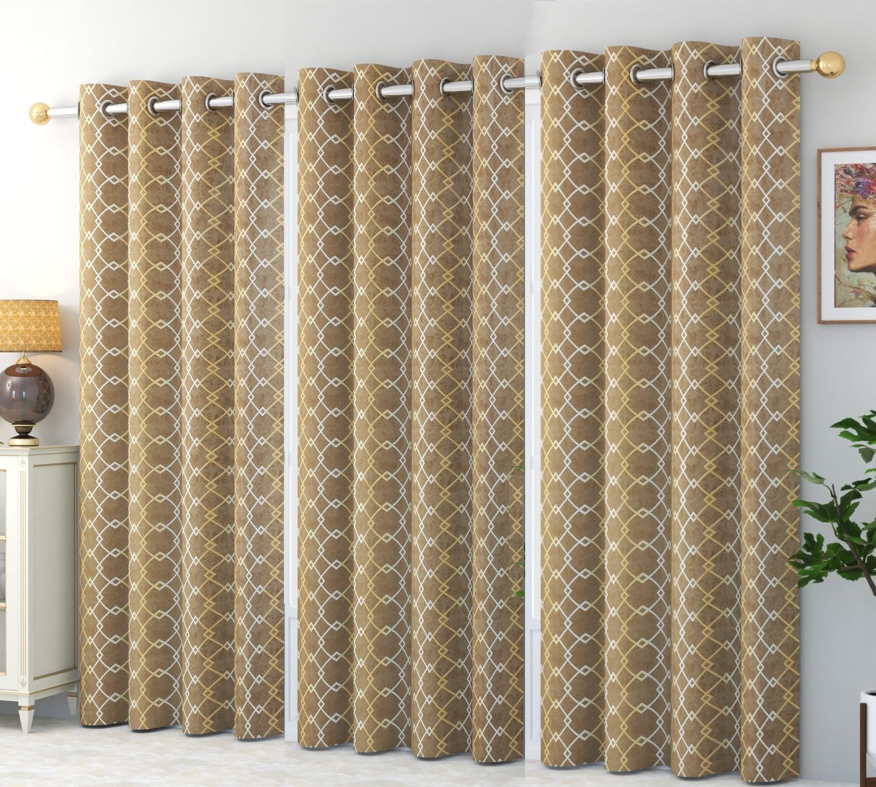WO FLORA Latest Check Pattern Window Curtains for Living Room | Drawing Room Parde | Curtain Panel for Door, Brown Color 5 Feet 3 Pcs Set Curtains