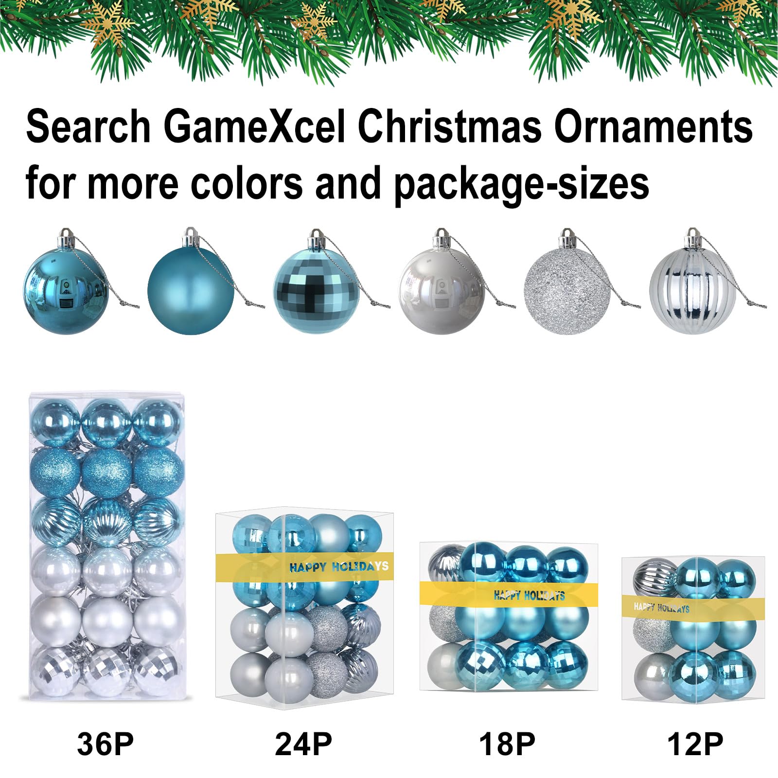 Lot de 24 grandes boules de Noël incassables à suspendre pour anniversaire, Halloween, vacances, mariage (8,1 cm, bleu layette/argenté)