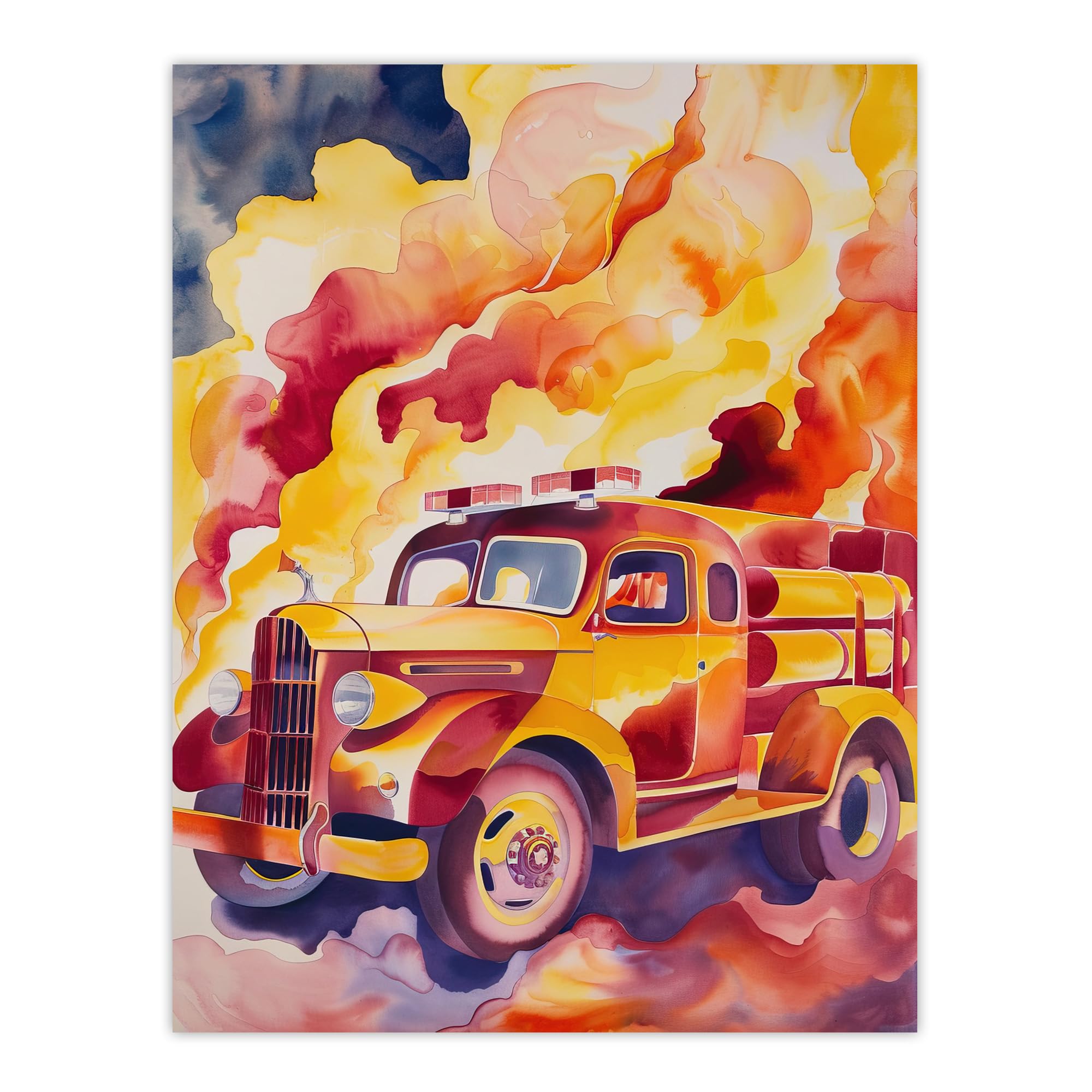Artery8 Fire Truck on Fire Orange Lilac Red Watercolour Living Room Large Wall Art Poster Print Thick Paper 18X24 Inch