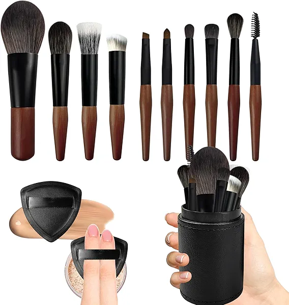 Travel Makeup Brush Set with Case, Mini Makeup Brushes Set for Powder, Foundation, Eyeshadow, Lip, Highlight, Blush & Concealer, 10 Pcs Travel Size Makeup Brushes & 2Pcs Triangle Powder Puff