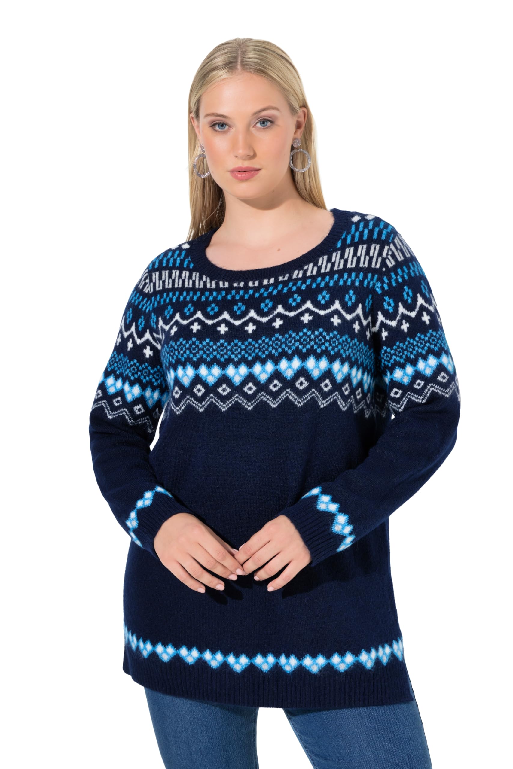 Ulla Popken Damen große Größen Übergrößen Plus Size Norweger-Pullover, Rundhals, Langarm, weicher Strick 834122