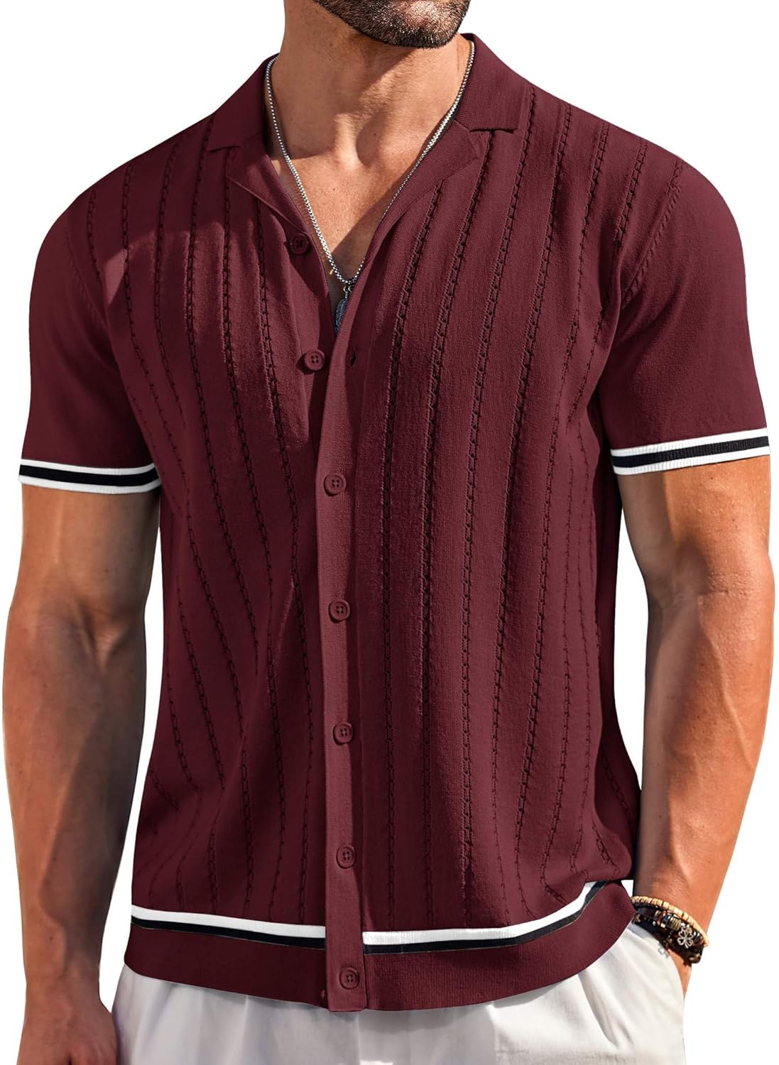 COOFANDY Men's Short Sleeve Knit Shirt Casual Button Down Shirt Vintage Striped Knitted Golf Beach Tops