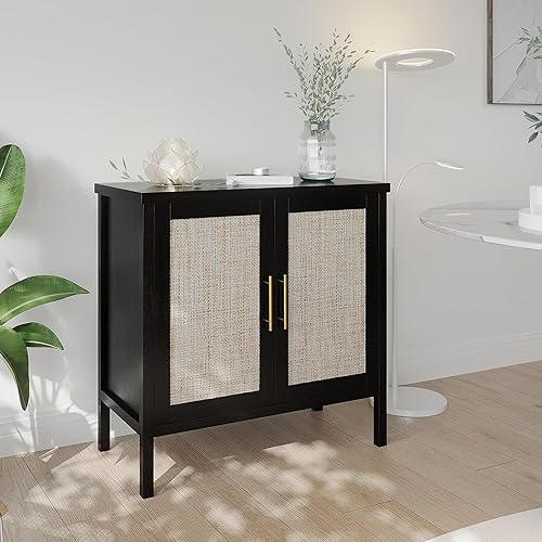 Miniatura 5 de VOWNER Gabinete de almacenamiento de ratán, aparador de buffet con puertas decoradas de ratán, armario para pasillo, entrada, sala de estar, 31.5
