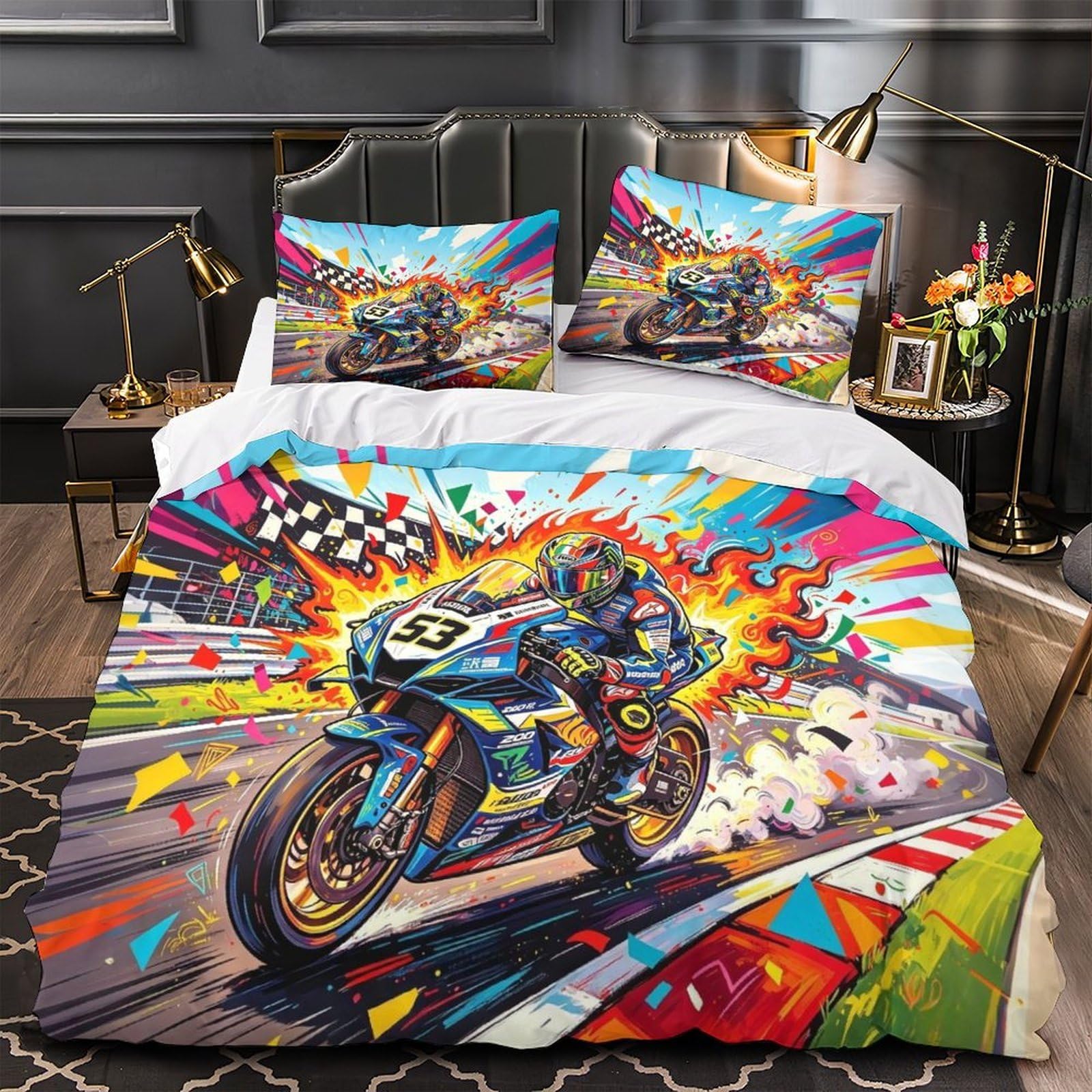 DAFUfbw Breathable Championship Moment Design Duvet Cover Set with Hidden Zipper, Single（140x200cm） Motorcycle Race Quilt Cover Set with Pillowcases, Soft Motorcycle Race Theme Bedding Set