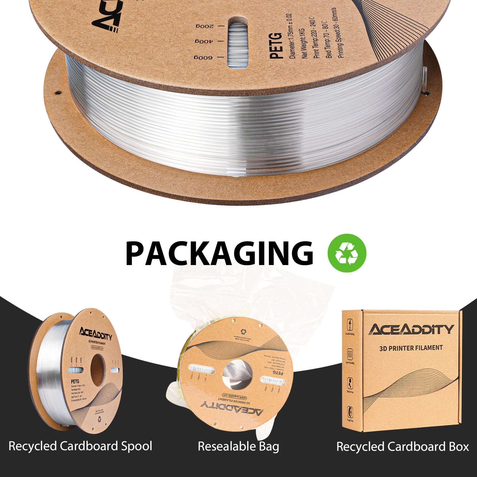 Filamento de PETG de 1,75 mm PETG de impresión 3D, compatible con la mayoría de impresoras 3D FDM Neptune 2 / Neptuno 3 / Ender 3 / Precisión dimensional ± 0,02 mm, bobina de 1 kg (2 kg)