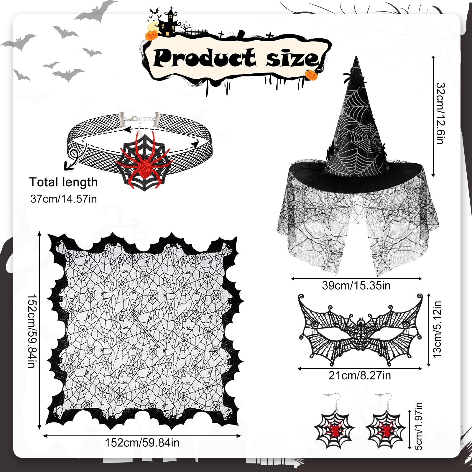 Beipegin 6 Pcs Spider Costume Adult Spider Web Poncho Tights Spider Necklace Chocker Earings Mask and Witch Hat Halloween Costumes for Women Black - Image 2