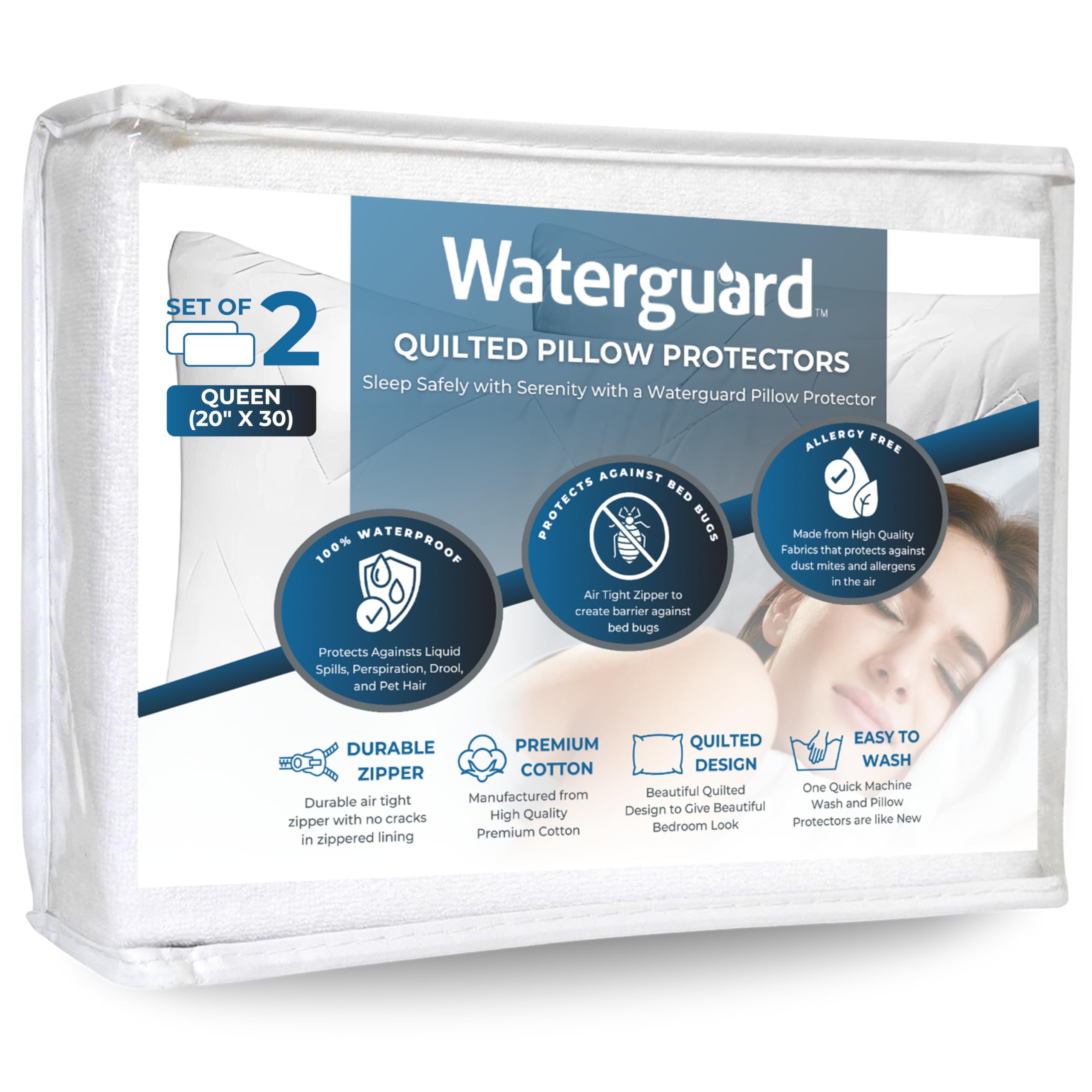Waterguard Waterproof Pillow Protectors Quilted, Zippered Pillow Cases, 100% Cotton Top, Microfiber Filled Pillow Covers, Queen Size (20x30) Set of 2