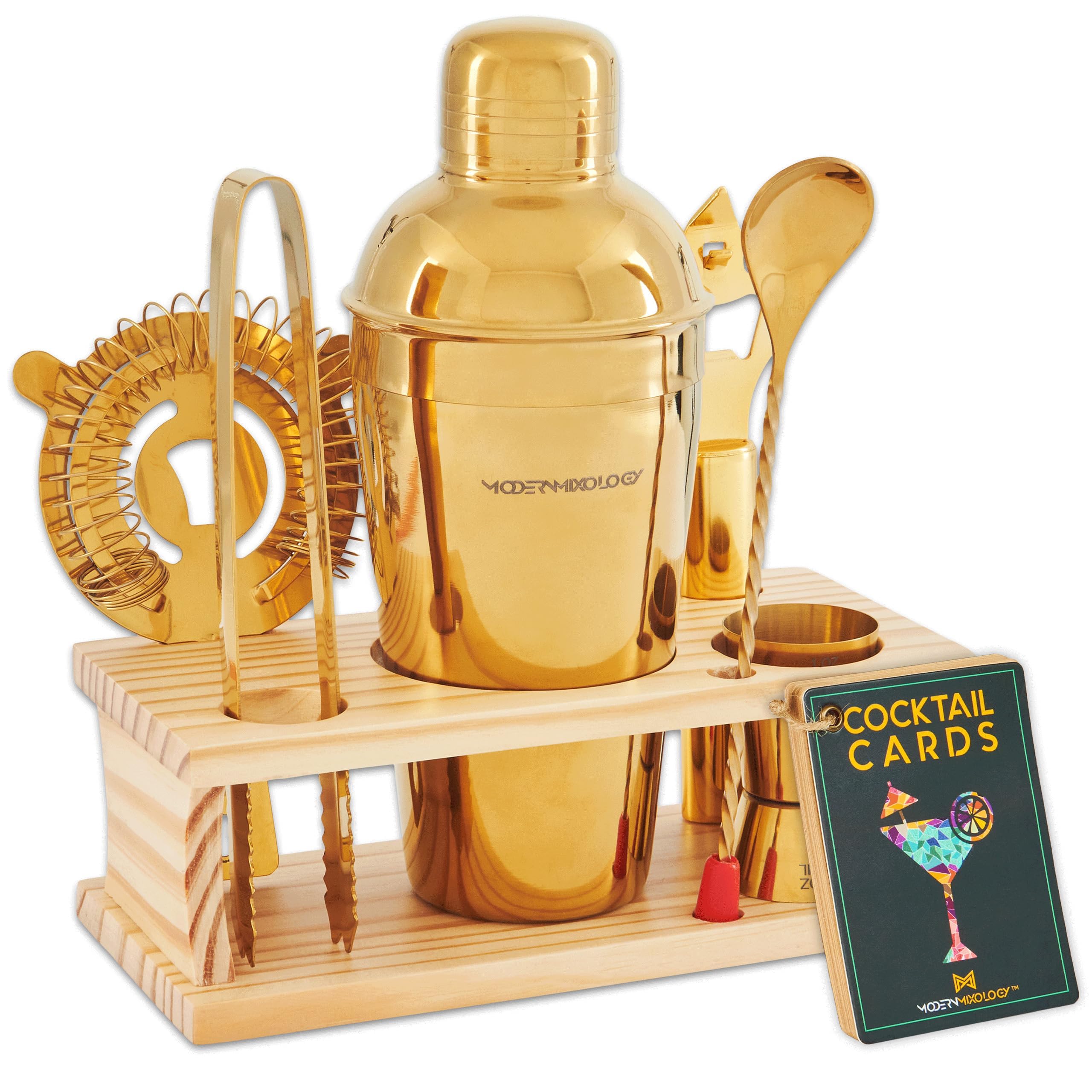 Modern Mixology Cocktail Shaker Set - 8 Piece Bartender Kit on Quality Pine Stand | Complete Cocktail Kit Gift Set | Top Bartender Gifts for Men | Leak Proof Design (Gold)