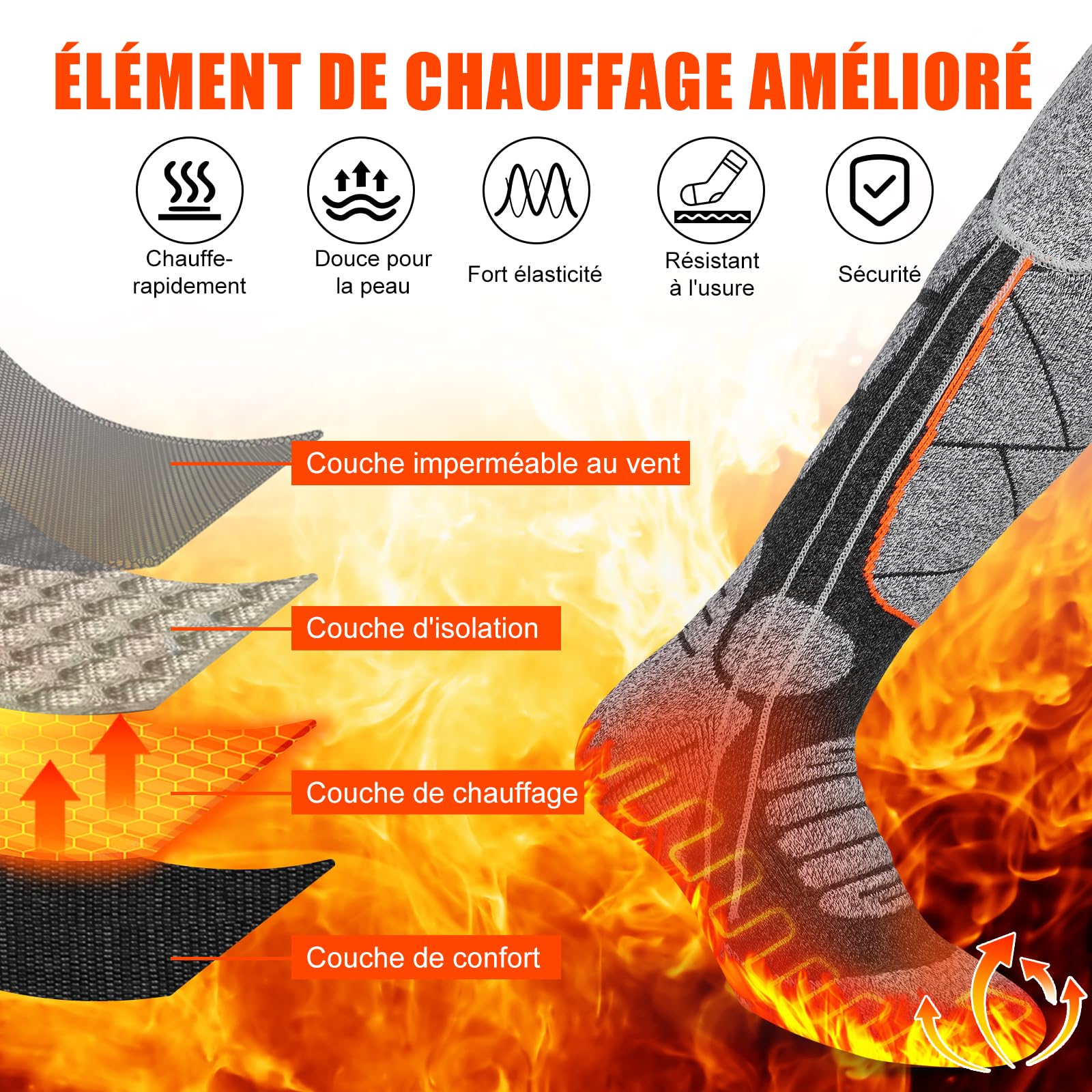 Chaussettes Chauffantes USB Rechargeable 6000mAh 3 Niveaux Chauffage Électrique pour Hommes Femmes Ski Cyclisme Moto Orange Gris