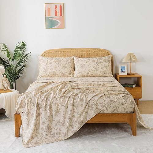 Miniatura 8 de Zusbest Juego de sábanas de tamaño King de 100 % algodón percal, color beige floral, cepillado extra suave, sábanas de franela de lujo transpirable